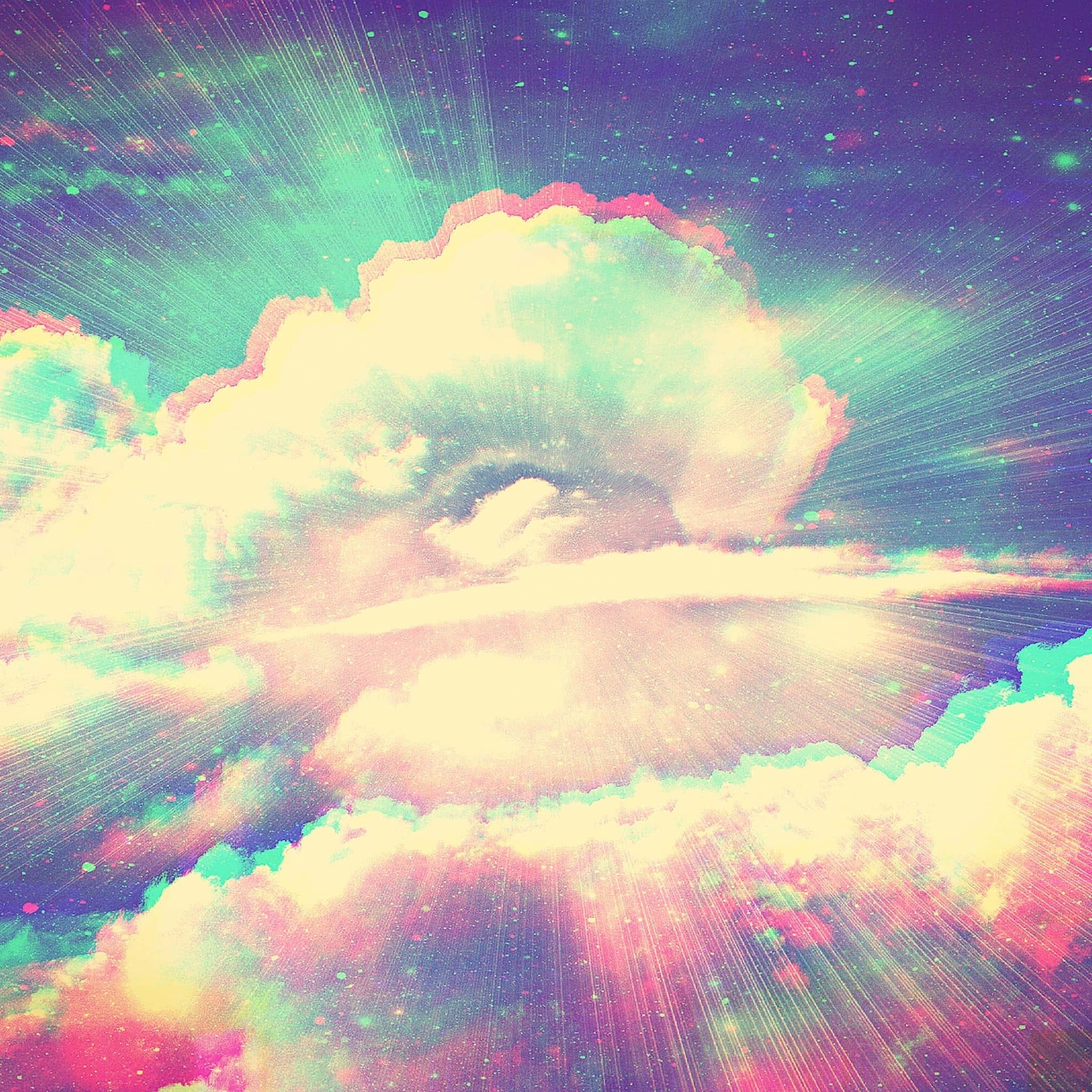 Trippy Aesthetic 桌布 壁紙 — 超現實的雲層形成在充滿星星和鮮豔霓虹色彩的宇宙天空中散發出光芒。