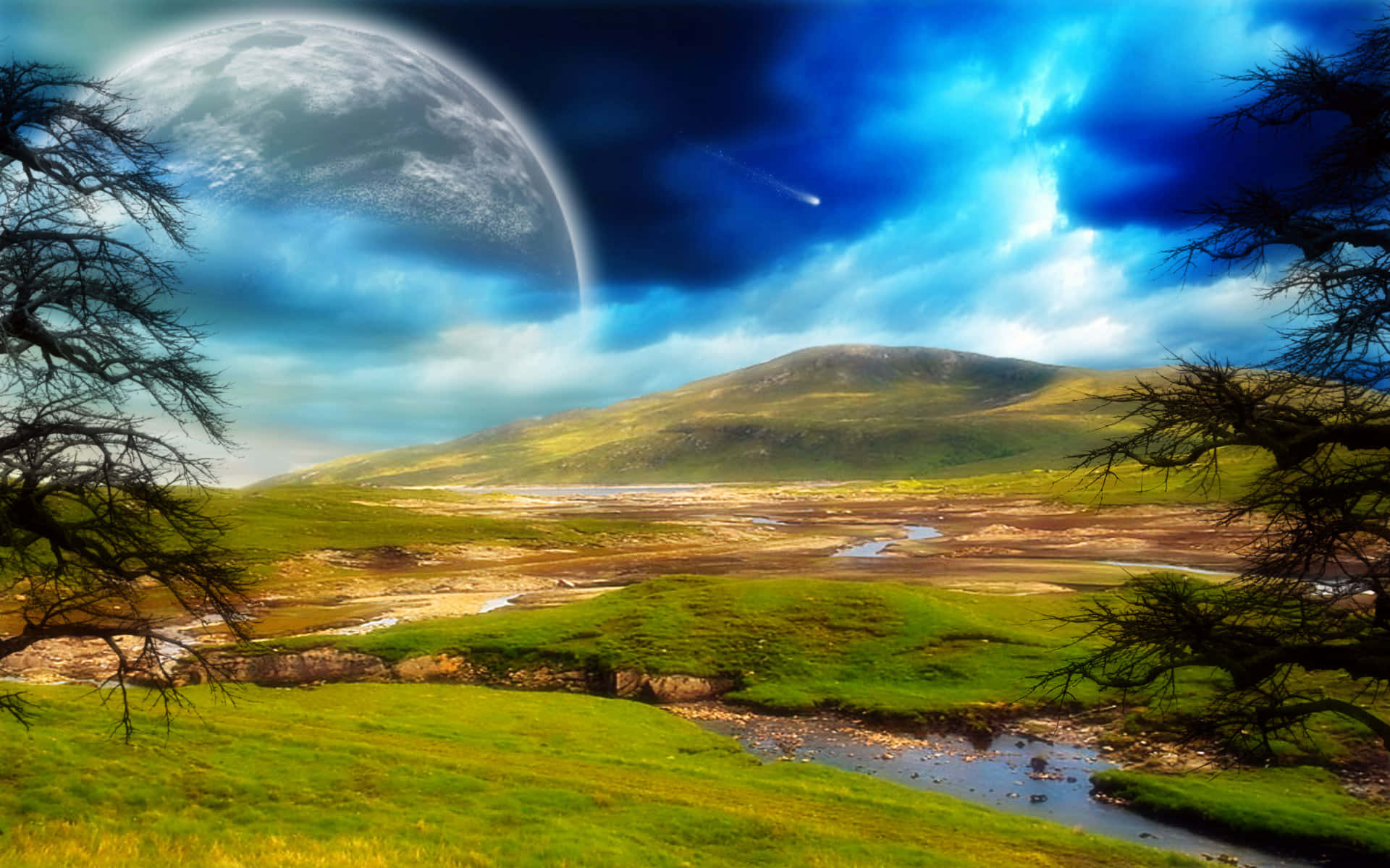 科幻 桌布 壁紙 — 超現實的風景，巨大的月亮和彗星在起伏的綠色山丘和蜿蜒的河流上空翱翔，周圍是光禿禿的樹木。