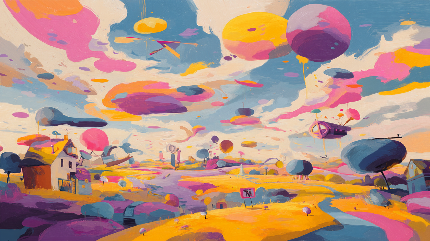 surreal 桌布 壁紙 — 超現實的風景，漂浮著色彩繽紛的球體和奇特的房屋，天空如夢似幻。
