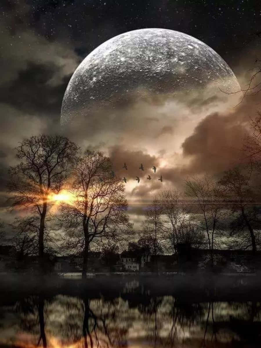Beautiful Moon 桌布 壁紙 — 超現實的黃昏場景，巨大的隕石坑月亮籠罩在光禿禿的樹木和霧氣瀰漫的湖面上，湖面反射著發光的太陽和飛翔的鳥兒。