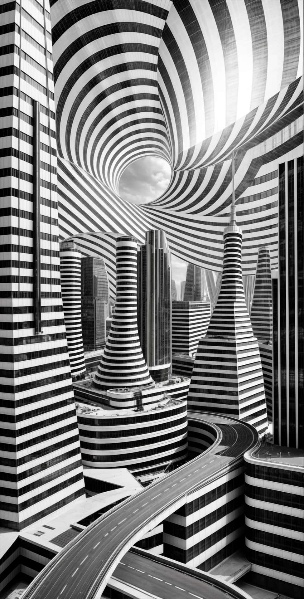 striped futuristic city with twisting skyscrapers and spiral sun 壁紙 — 超現實的黑白城市景觀，高聳的條紋建築在陰天天空下扭曲成漩渦隧道。