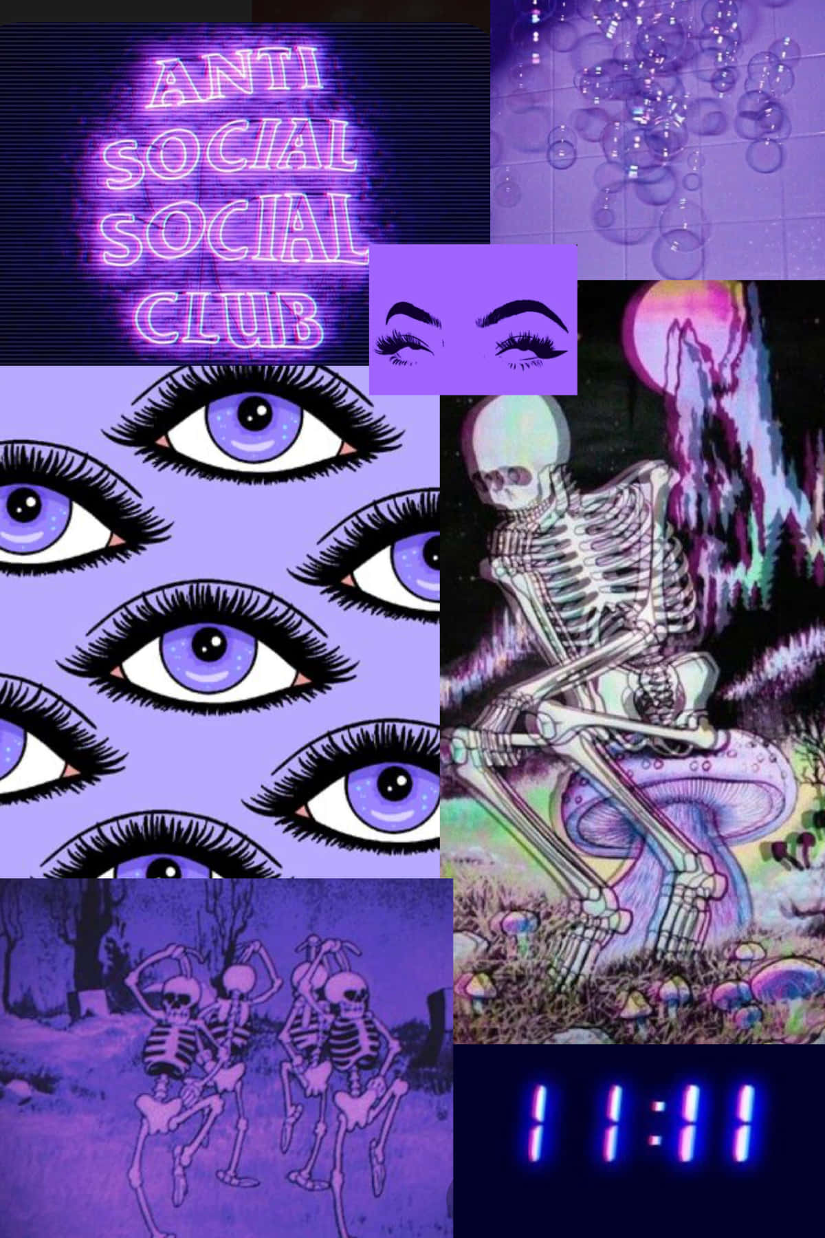 Purple Collage 桌布 壁紙 — 超現實紫色拼貼畫，包含發光霓虹文字、眼睛、骷髏和時鐘。
