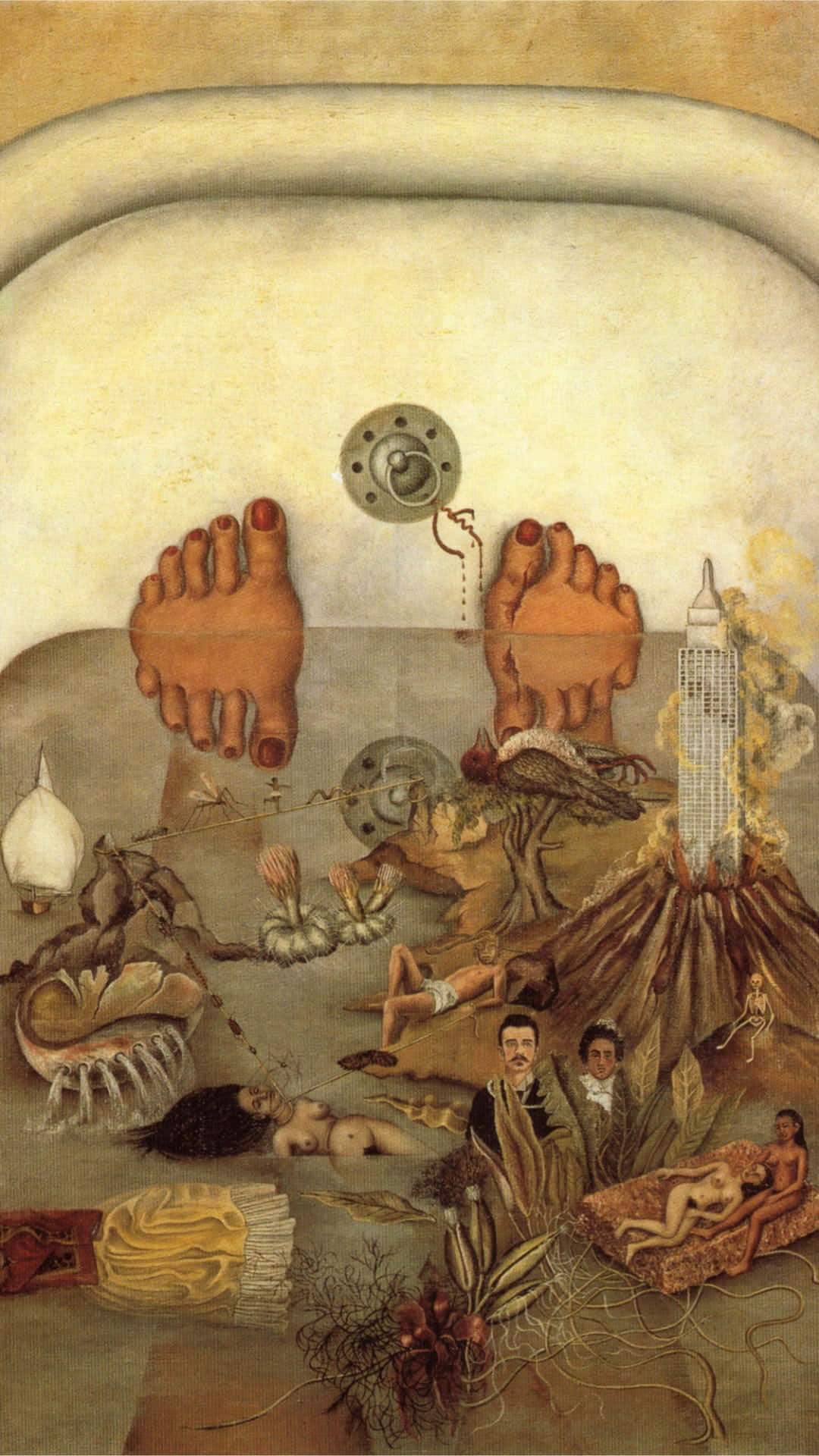 Frida Kahlo 桌布 壁紙 — 超現實繪畫描繪了一個夢幻場景，浴缸裡有巨大的腳，還有融化的時鐘、鳥類和融化的建築物。