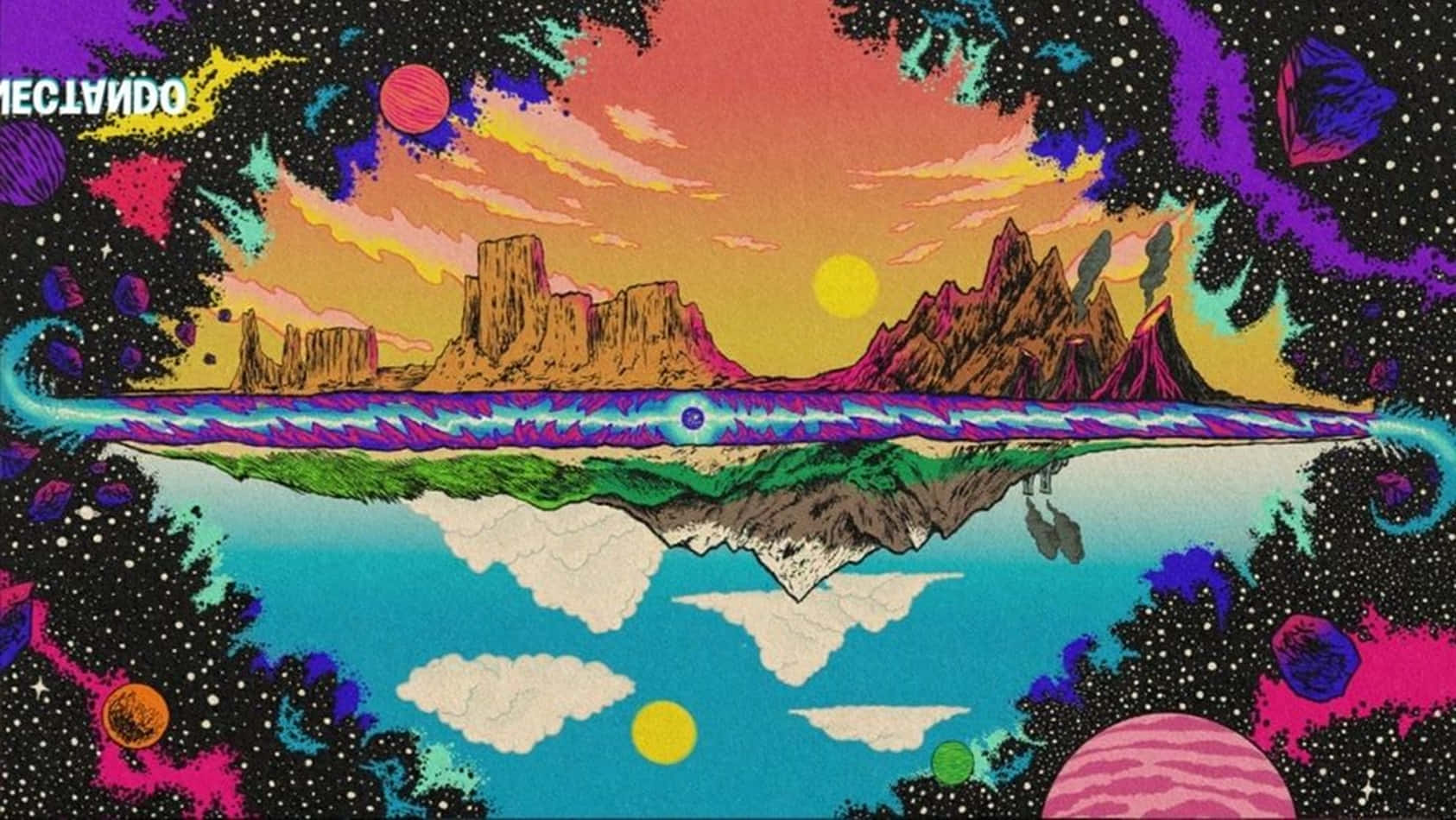 Dope Trippy 桌布 壁紙 — 超現實迷幻景觀，沙漠台地與宇宙元素倒映在發光的河流中，映襯著充滿活力的日落天空。