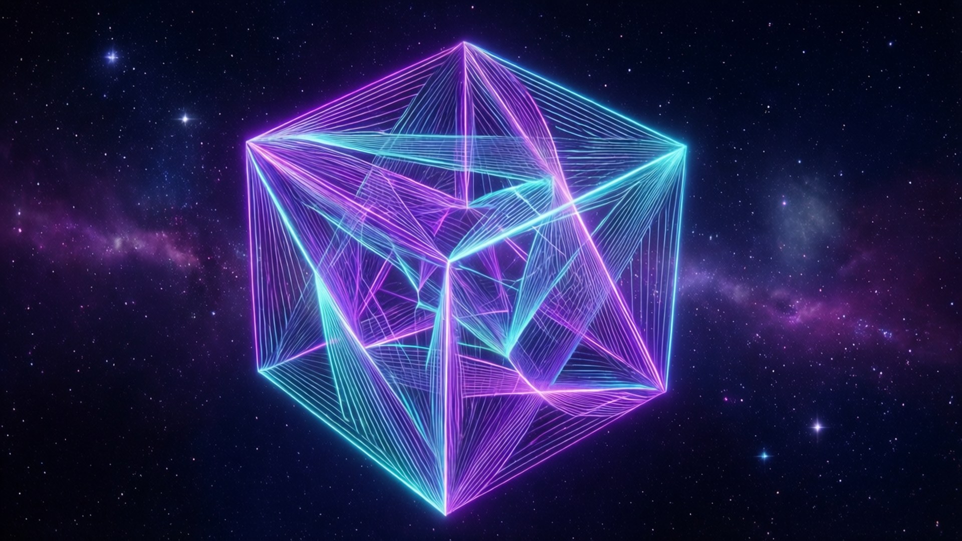 在星空空間中旋轉的4D超立方體，帶有霓虹線條。