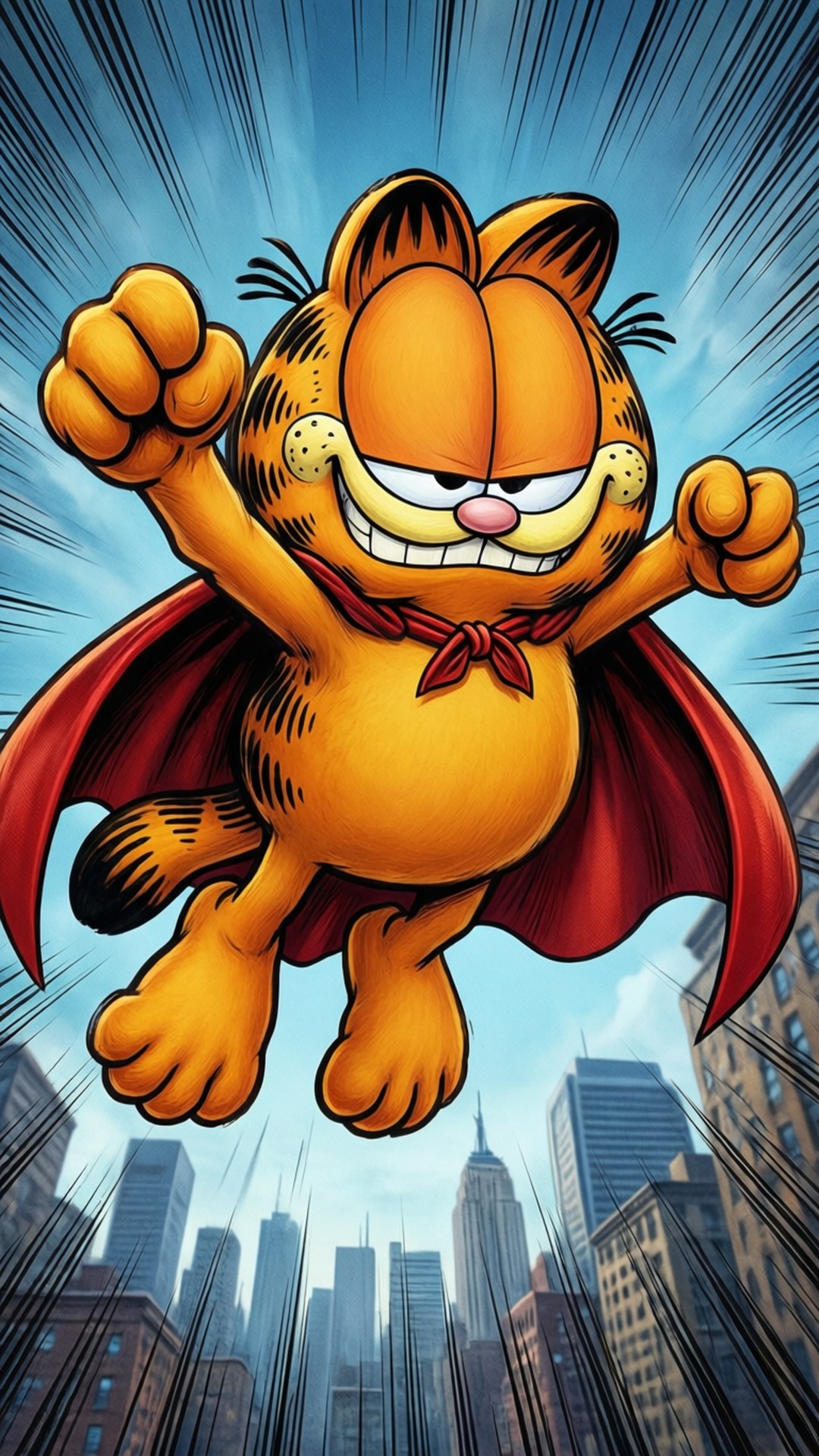 超級加菲貓 壁紙 — 橙色貓加菲貓身穿紅色披風，伴隨動態速度線，英雄般地翱翔於城市景觀之上。