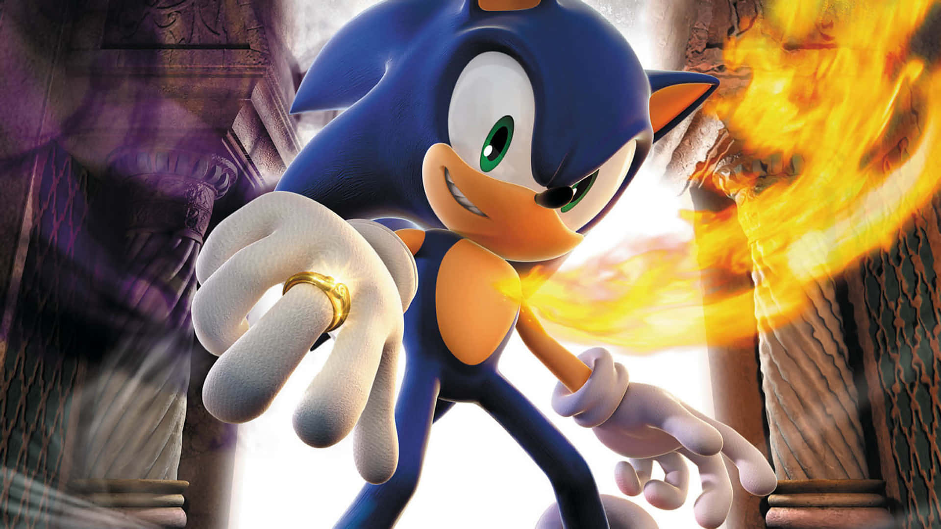 Sonic And The Secret Rings 桌布 壁紙 — 超級型態的索尼克向前衝刺，雙手迸發出熾熱能量，背景是 crumbling 的石牆。