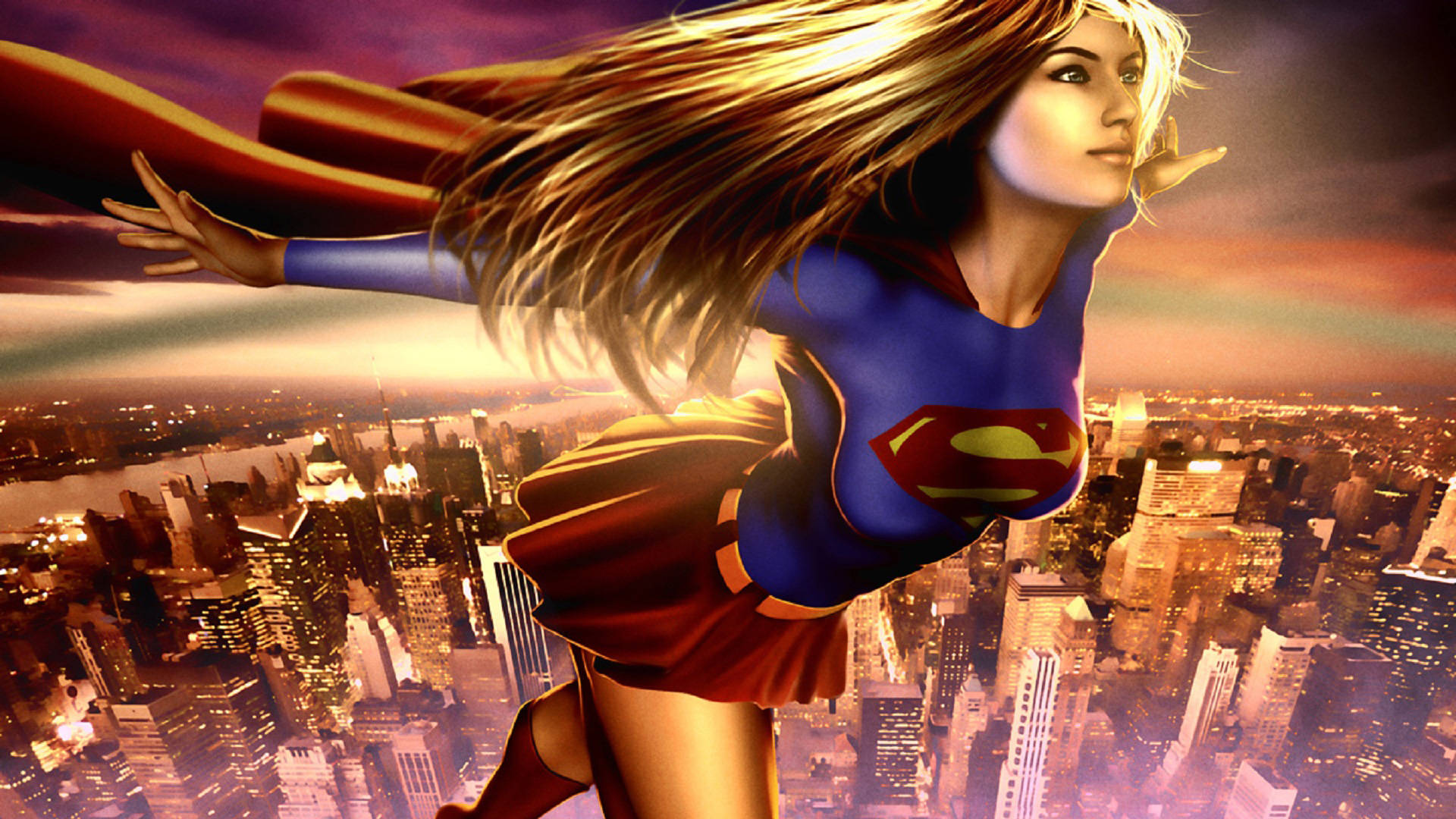 Supergirl 桌布 壁紙 — 超級女俠在日落時分翱翔於發光的城市景觀之上，斗篷飄揚，頭髮隨風飄動。
