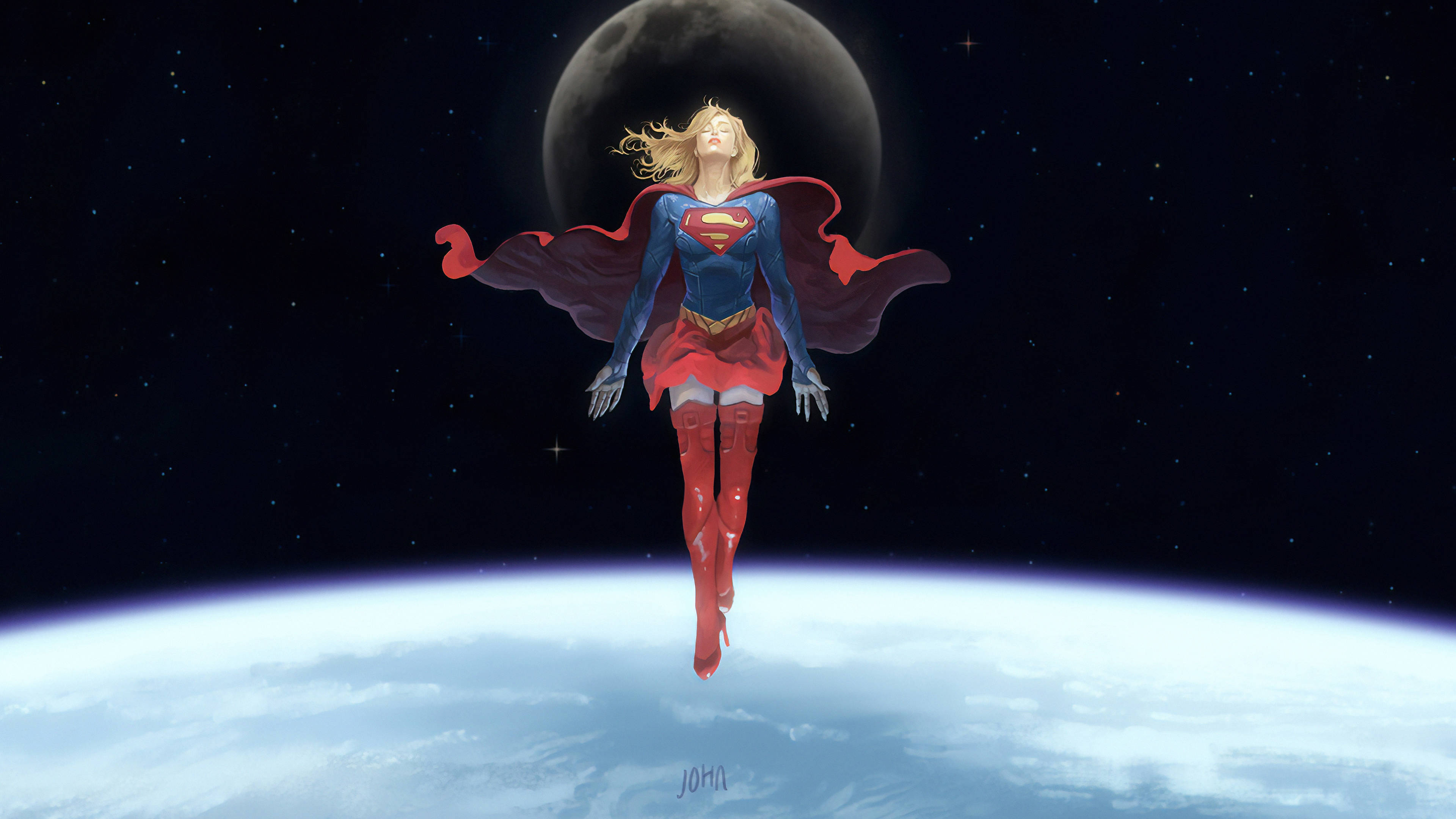 Supergirl 桌布 壁紙 — 超級女孩在地球上空翱翔，披風在繁星點點的天空和身後的大月亮下飄揚。