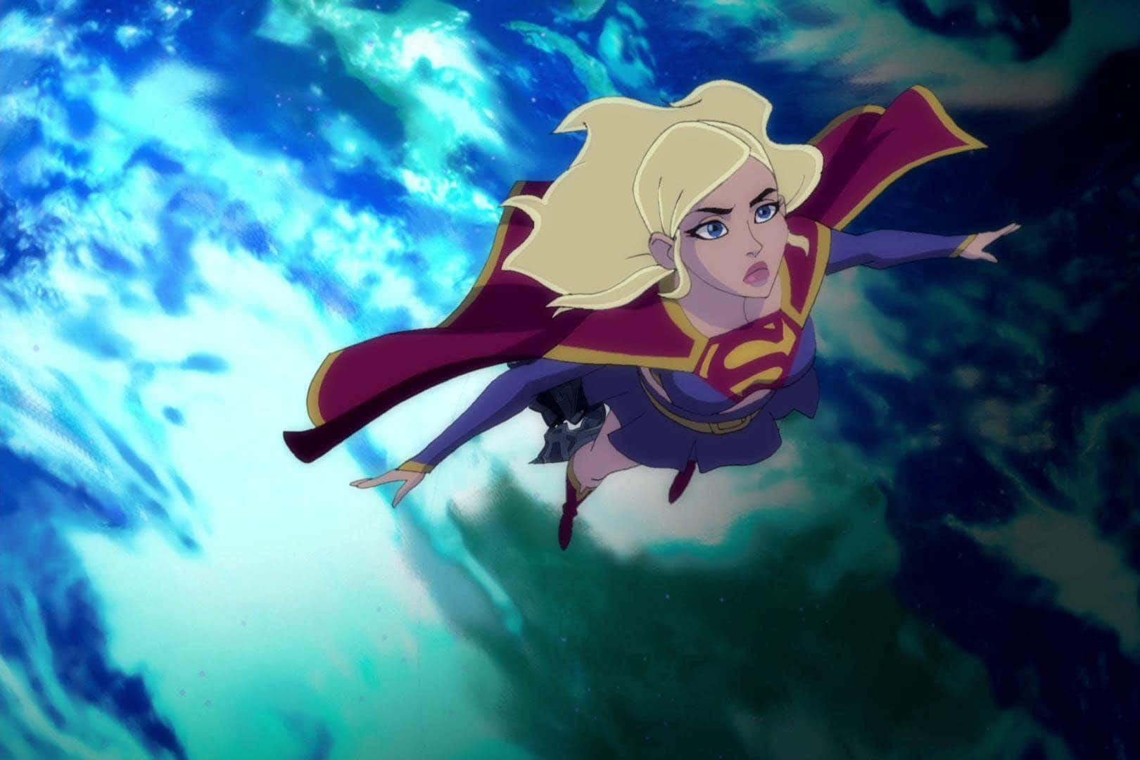 Superman Unbound 桌布 壁紙 — 超級女孩在旋轉的宇宙雲層中翱翔，呈現動態的動漫風格飛行場景。