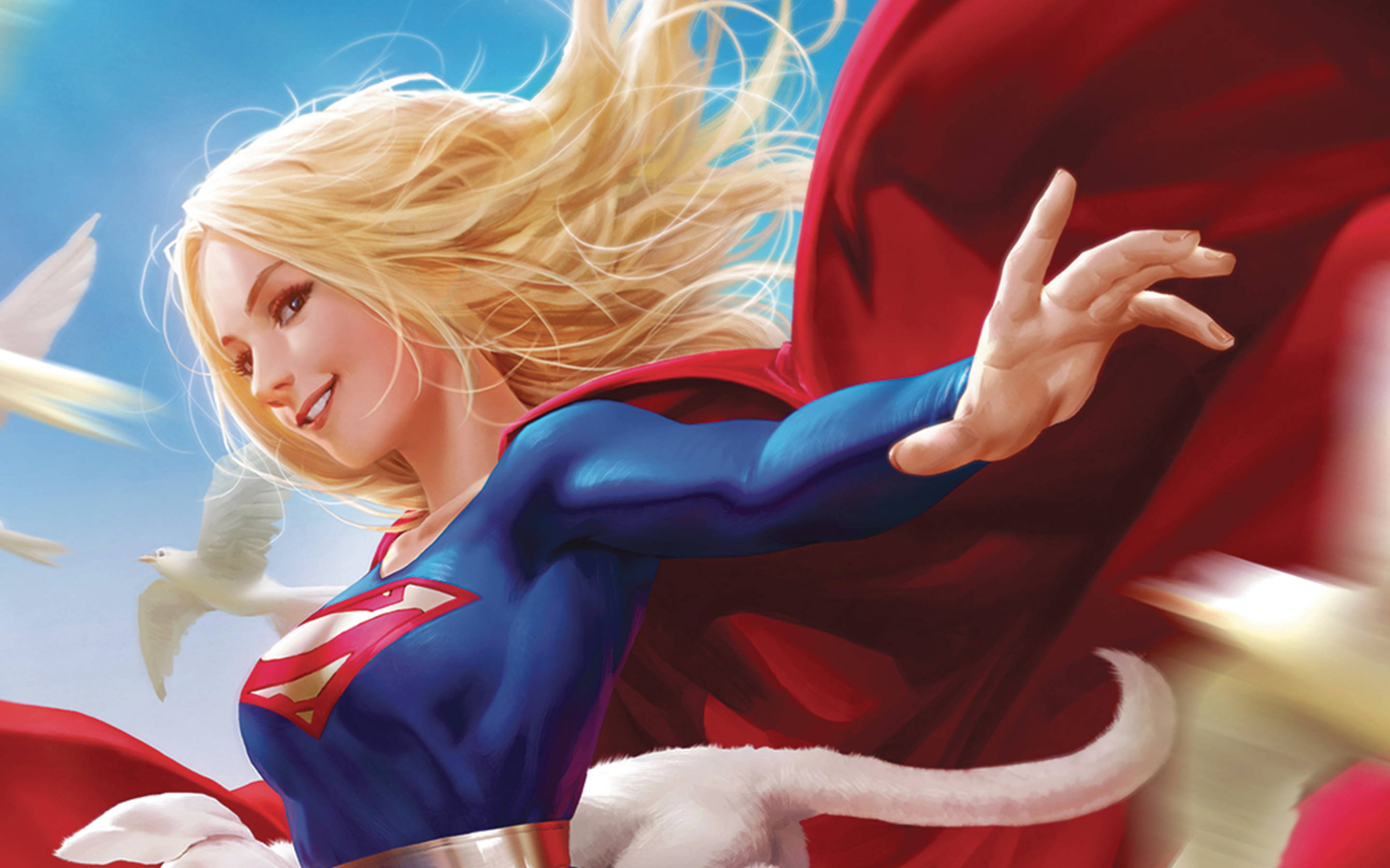Supergirl 桌布 壁紙 — 超級女孩在明亮的藍天中翱翔，飄逸的金髮和紅色斗篷，白鴿在她周圍飛翔。