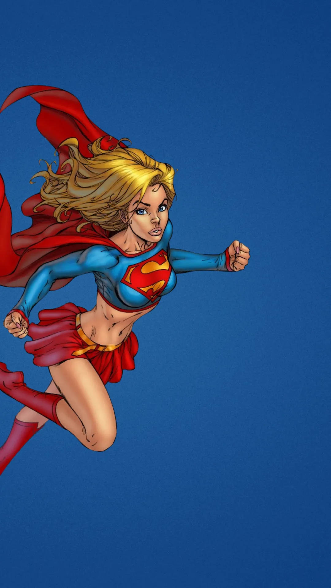 Supergirl 桌布 壁紙 — 超級女孩在湛藍的天空中動態翱翔，紅色斗篷在身後飄揚。