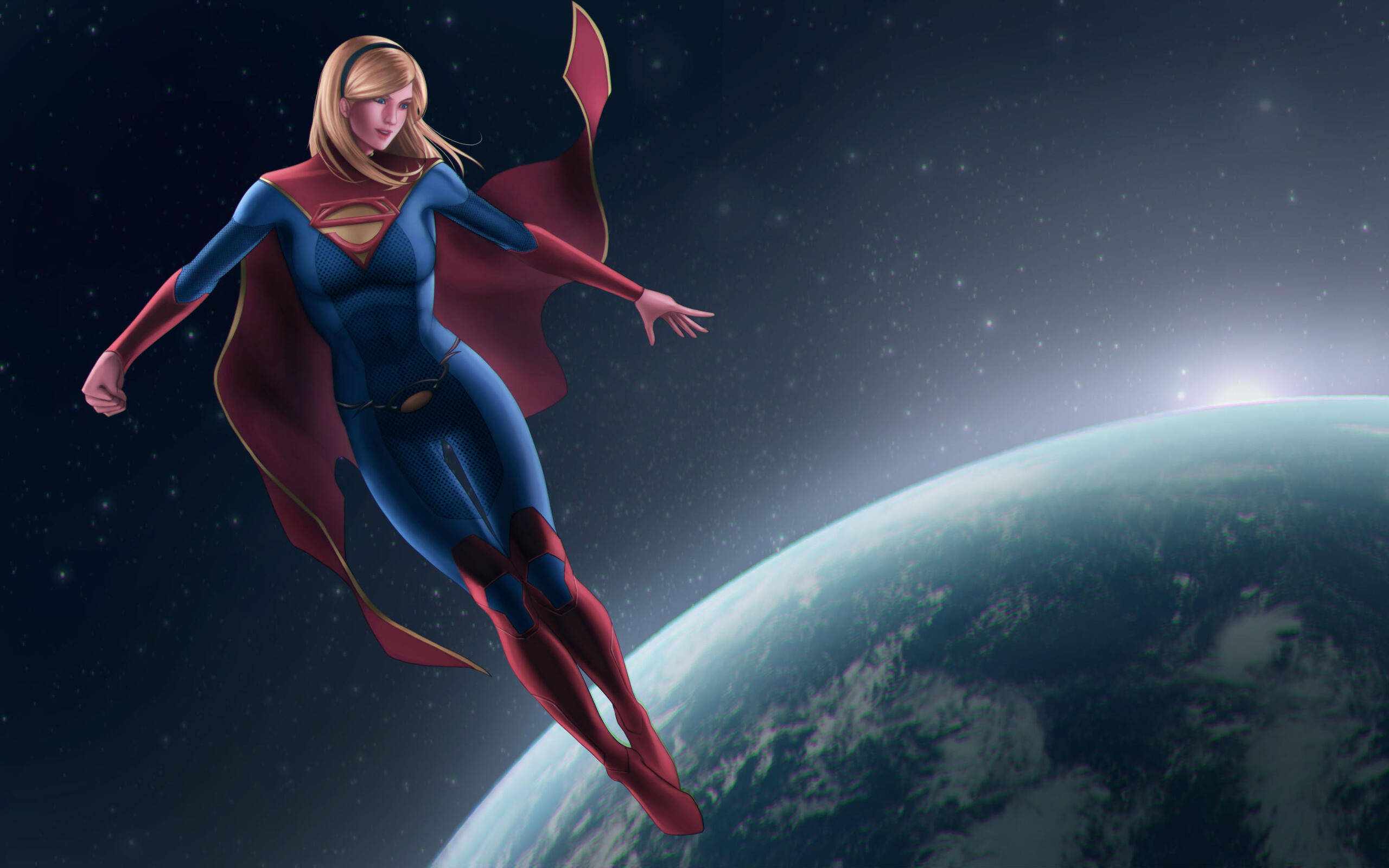 Supergirl 桌布 壁紙 — 超級女孩在繁星點點的太空翱翔，披風飄揚，地球在下方彎曲，呈現出令人驚嘆的宇宙景觀。