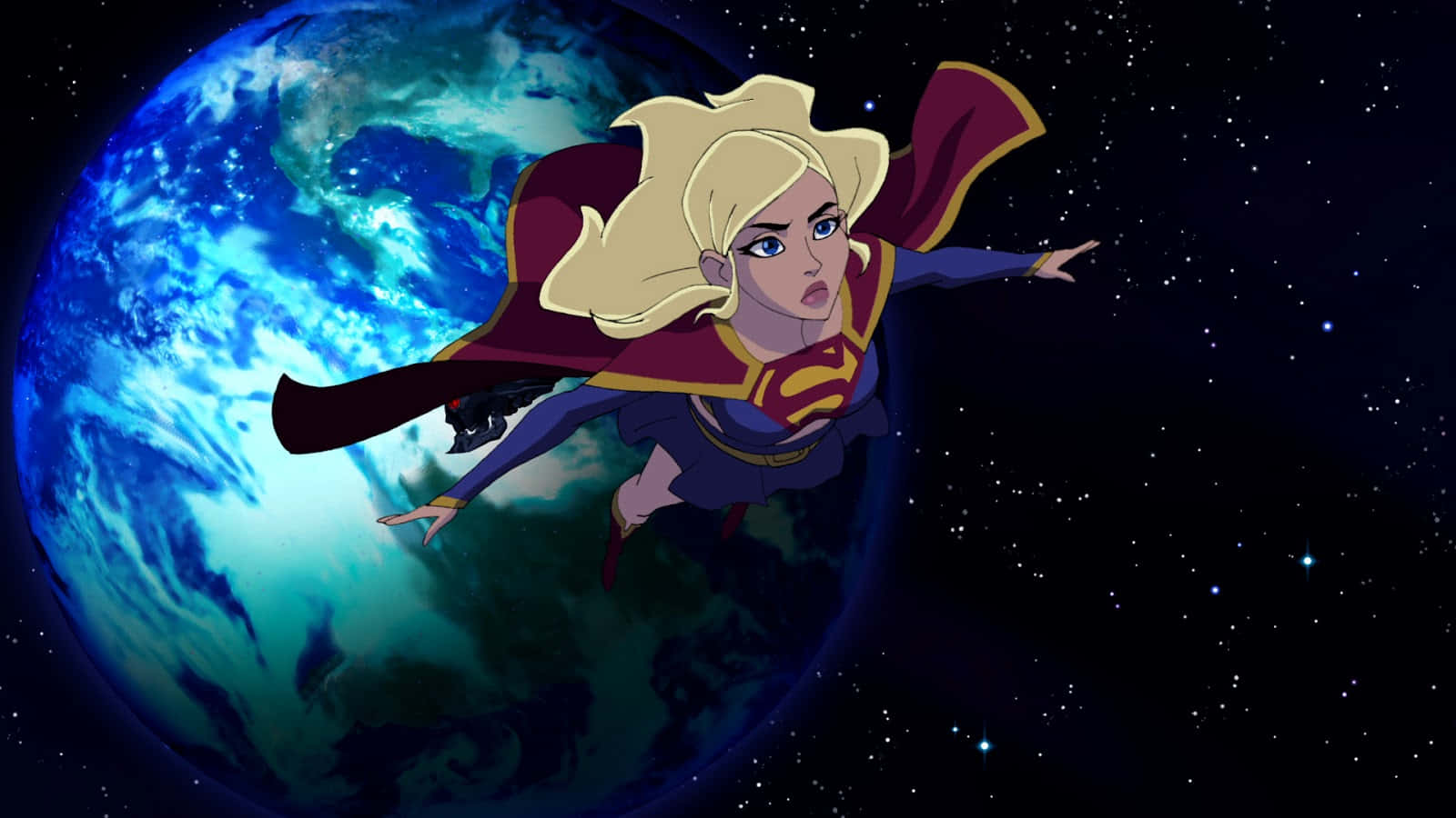 Superman Unbound 桌布 壁紙 — 超級女孩在繁星點點的太空翱翔，身後的地球發出藍色光芒，擺出動態動漫姿勢。