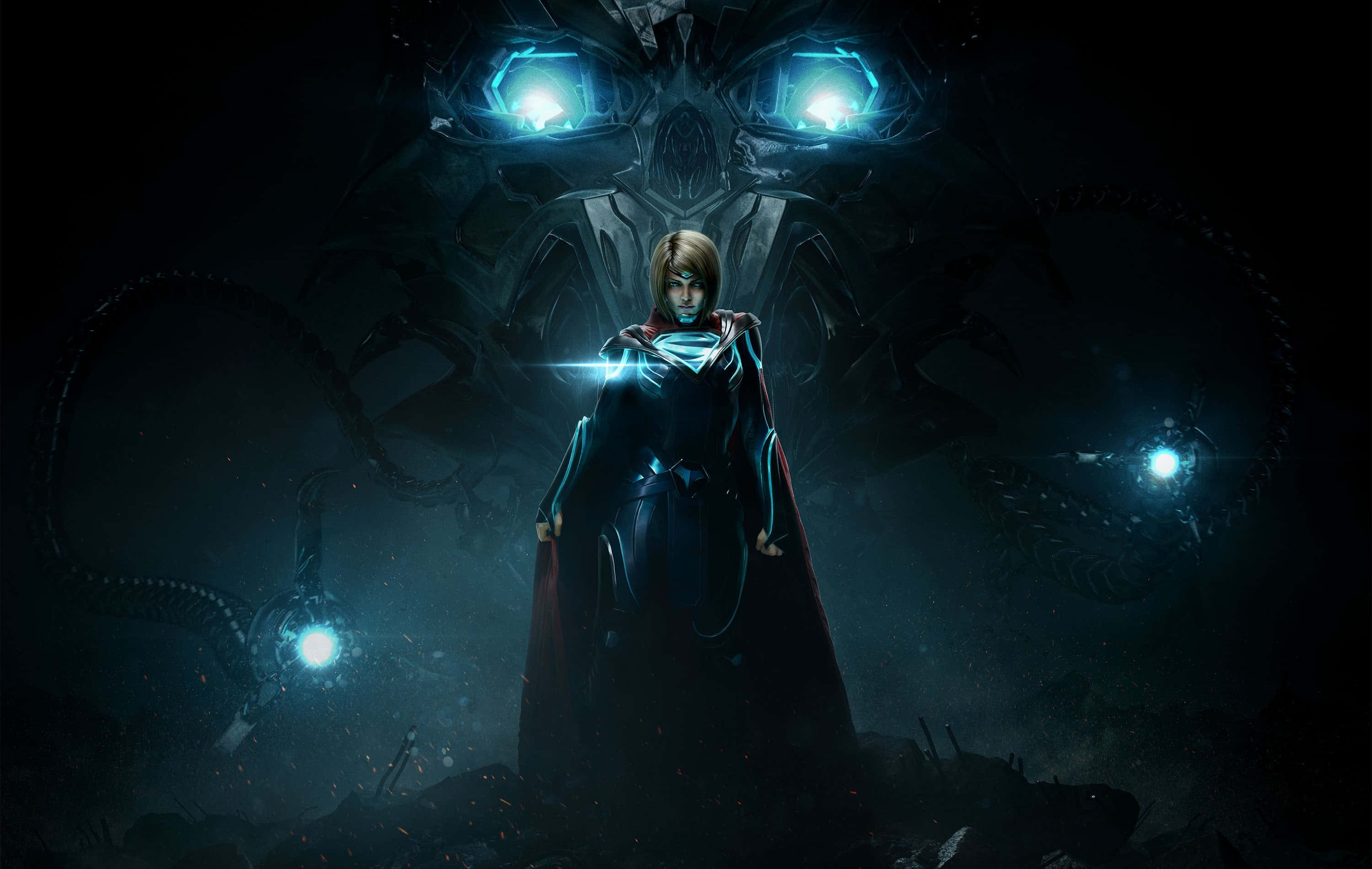 Superhero Video Games 桌布 壁紙 — 超級女孩在黑暗的宇宙戰場上，挑釁地站在一個高聳發光的外星怪物面前。