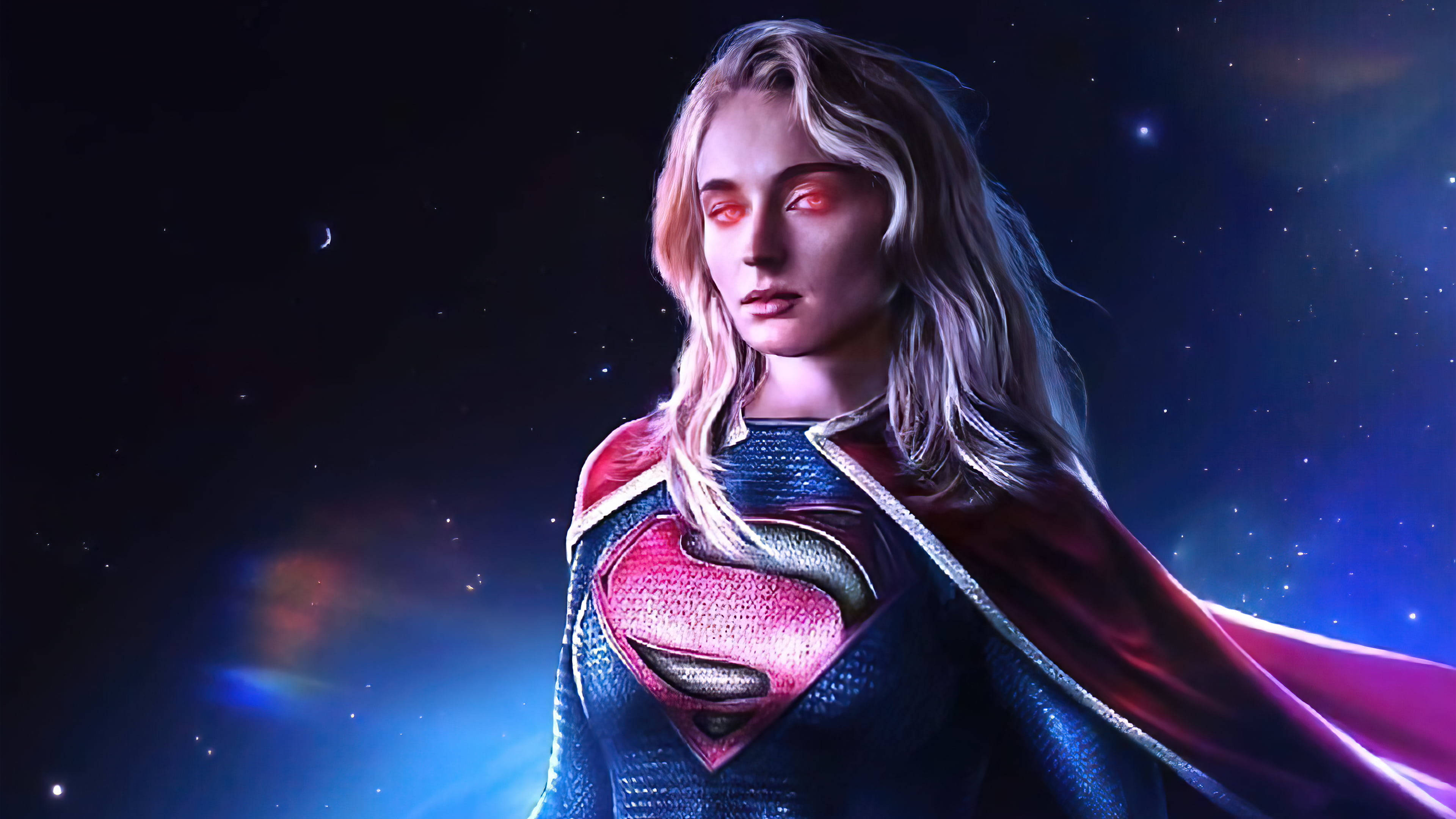 Sophie 桌布 壁紙 — 超級女孩威嚴地站在星光燦爛的宇宙背景前，眼睛發出紅光，披風飄逸。