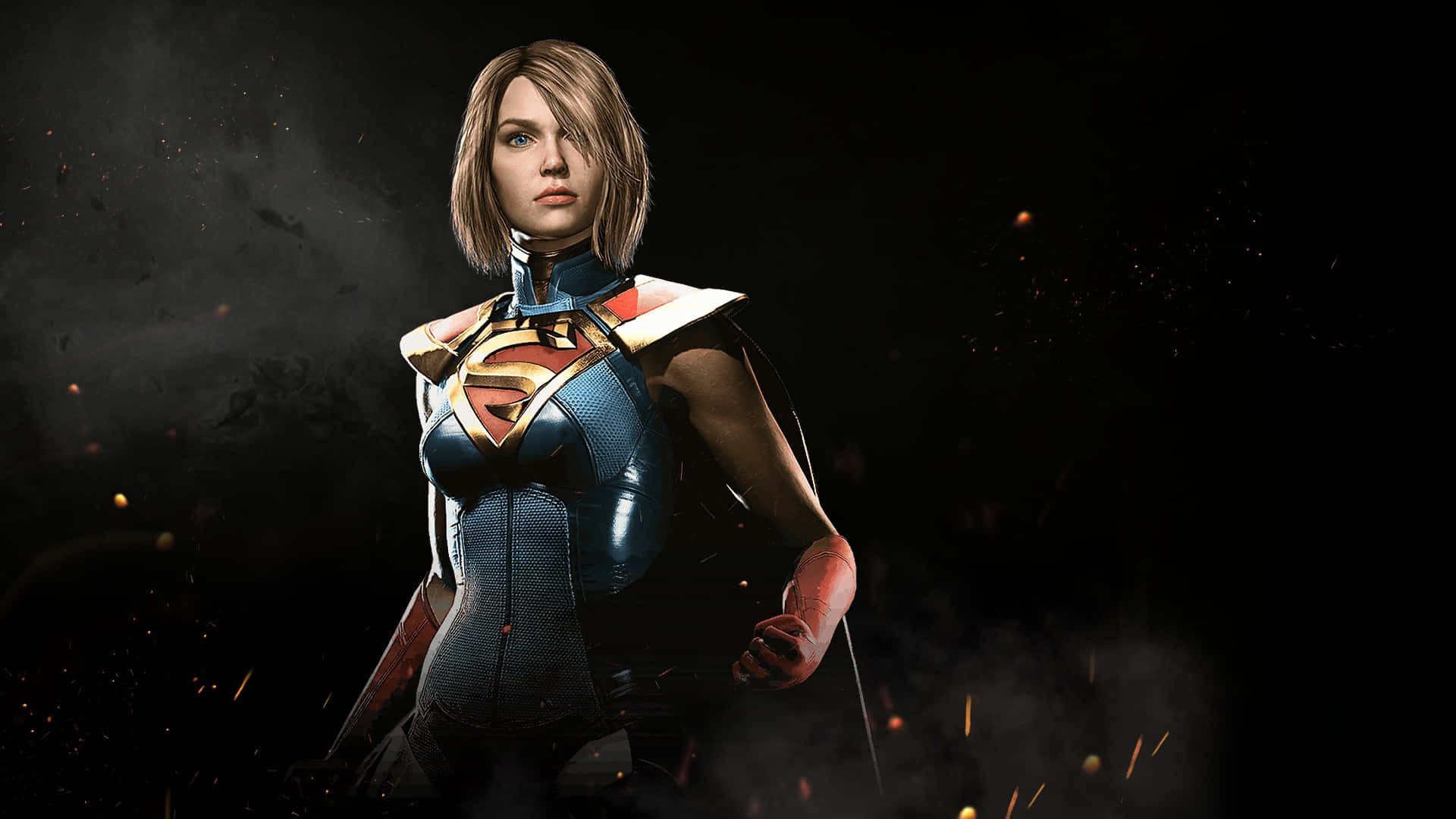 Superhero Video Games 桌布 壁紙 — 超級女孩自信地站在一個黑暗煙霧瀰漫的環境中，周圍漂浮著發光的餘燼。