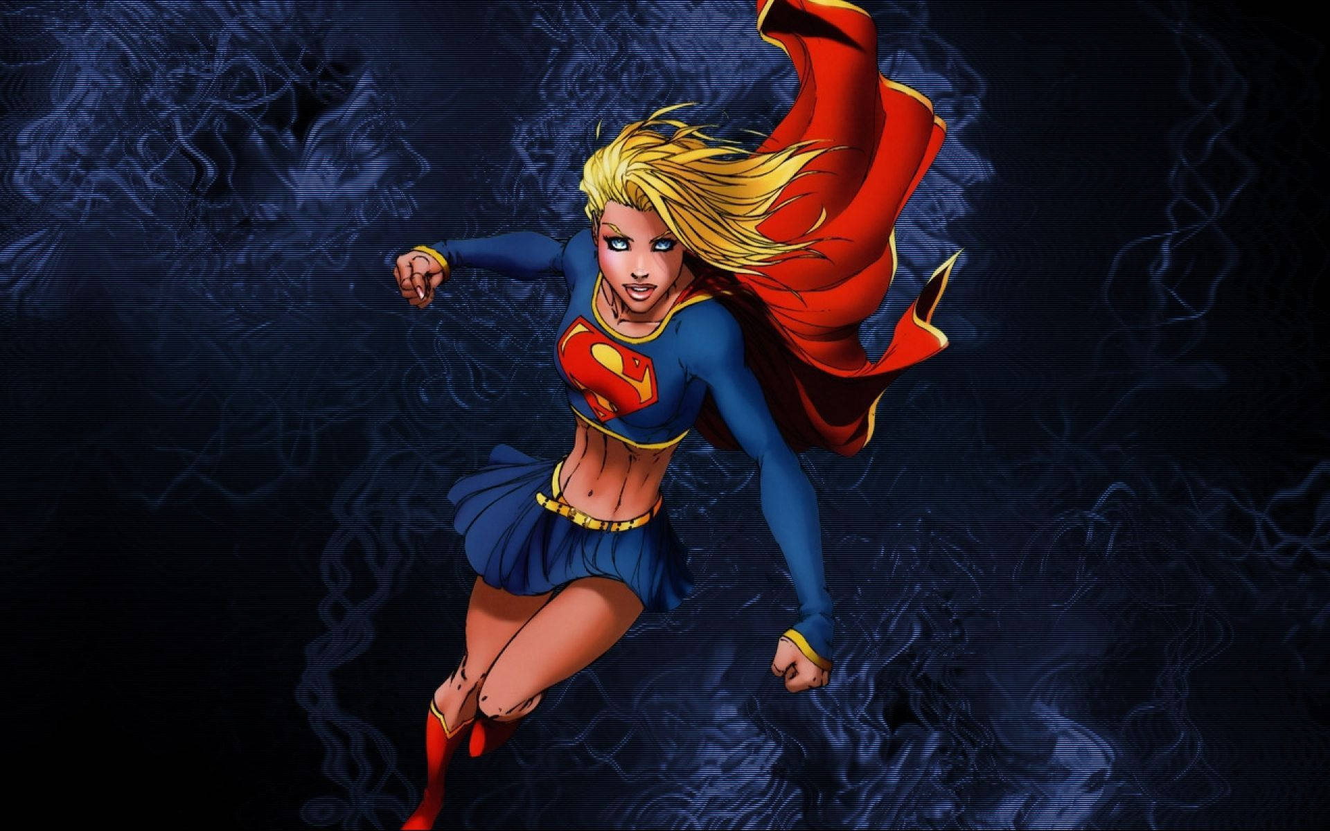 Superwoman 桌布 壁紙 — 超級女超人動態地翱翔於旋轉的深藍色能量中，紅色斗篷在她身後飄揚。