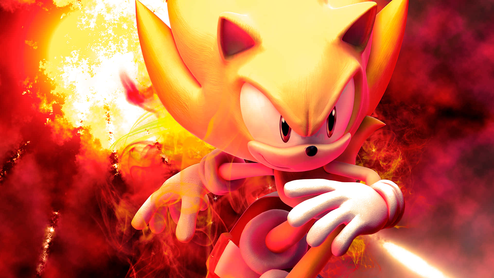 Super Sonic 桌布 壁紙 — 超級形態的Sonic the Hedgehog在熾熱的紅色和橙色背景前散發出火熱的能量。