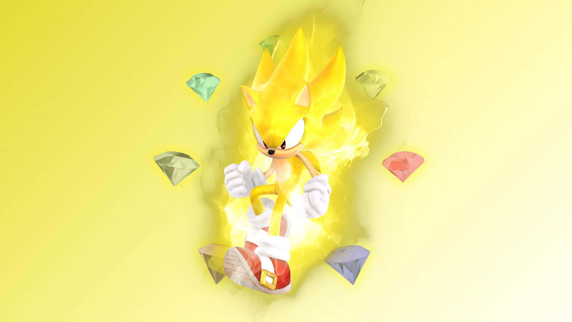 Super Sonic 桌布 壁紙 — 超級形態的索尼克穿過一道黃色牆壁，周圍漂浮著色彩繽紛的寶石。