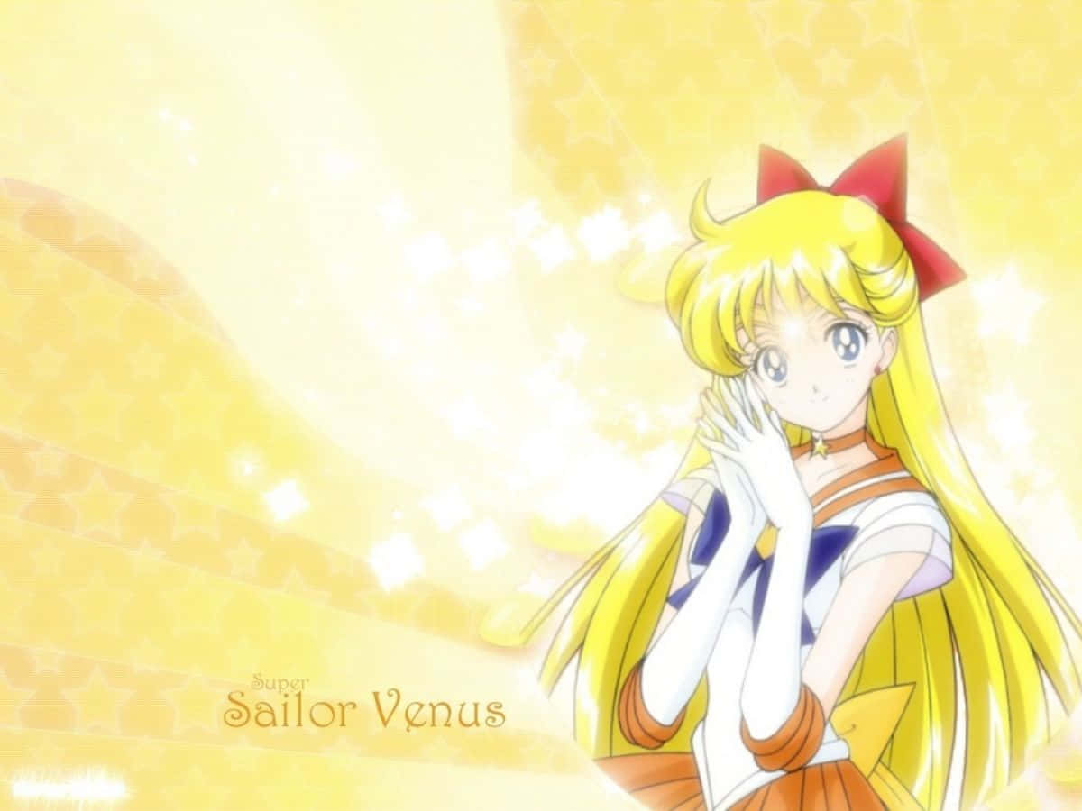 Sailor Venus 桌布 壁紙 — 超級水手金星優雅地站在閃耀的金色光環中，周圍環繞著閃爍的星星和柔和的光芒。