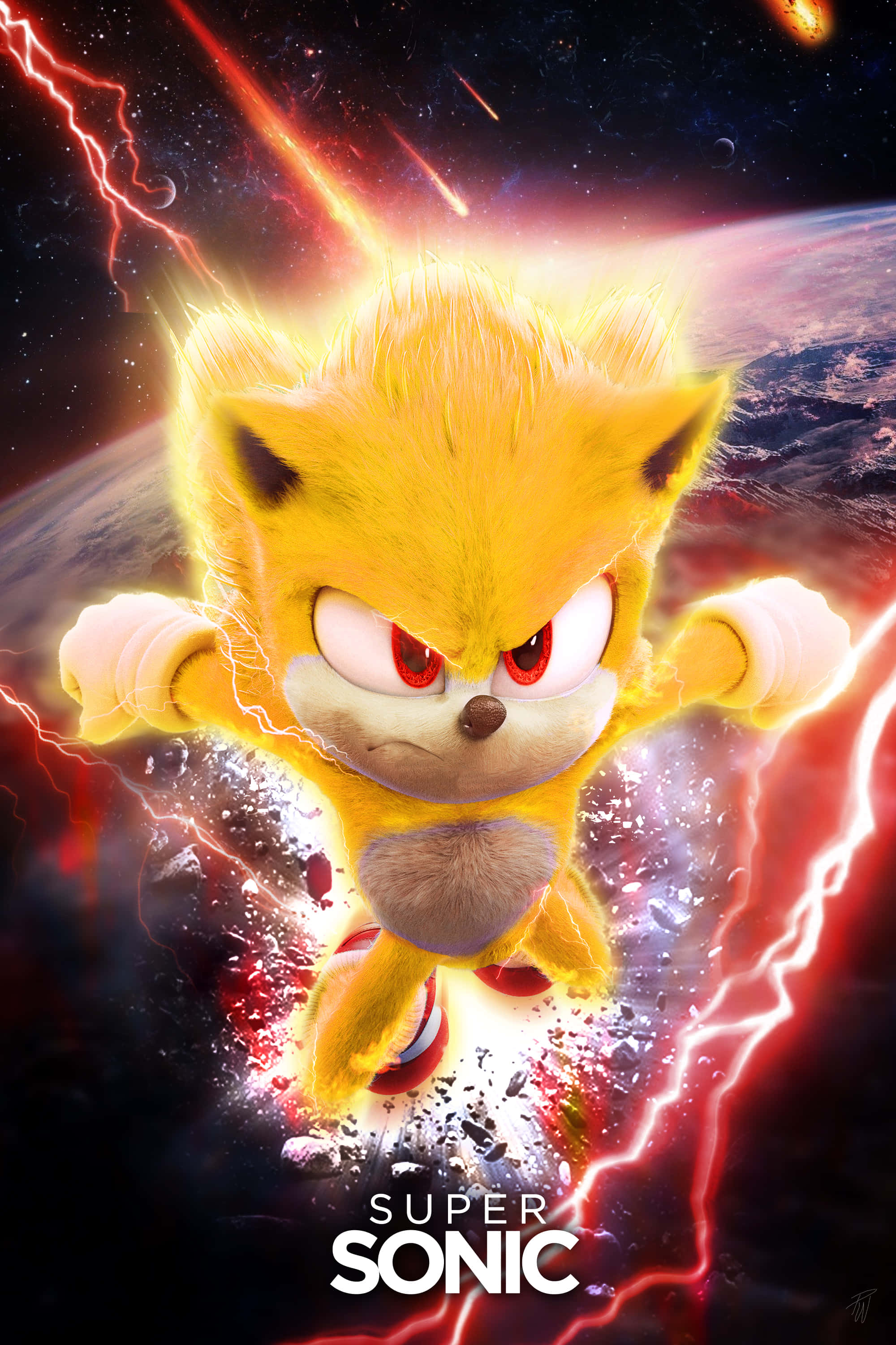 Super Sonic 桌布 壁紙 — 超級索尼克在宇宙中疾馳，發光的紅色閃電在他周圍劈啪作響，背景是宇宙。