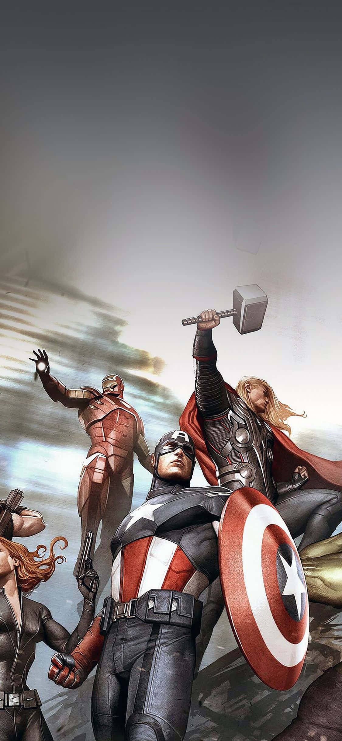 iPhone Xs Marvel's Avengers 桌布 壁紙 — 超級英雄以動態姿勢出現，美國隊長在前方中央，手持盾牌和錘子，背景是暴風雨的天空。