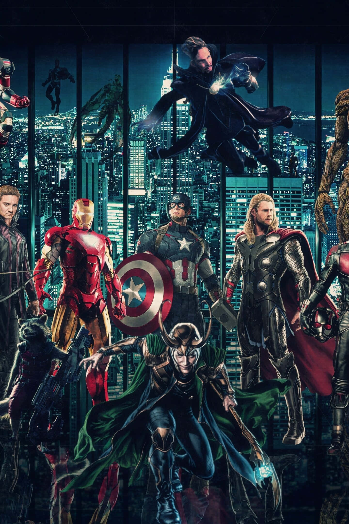 Avengers Movie 桌布 壁紙 — 超級英雄以動態姿勢懸浮和站立在夜間發光的城市景觀前。