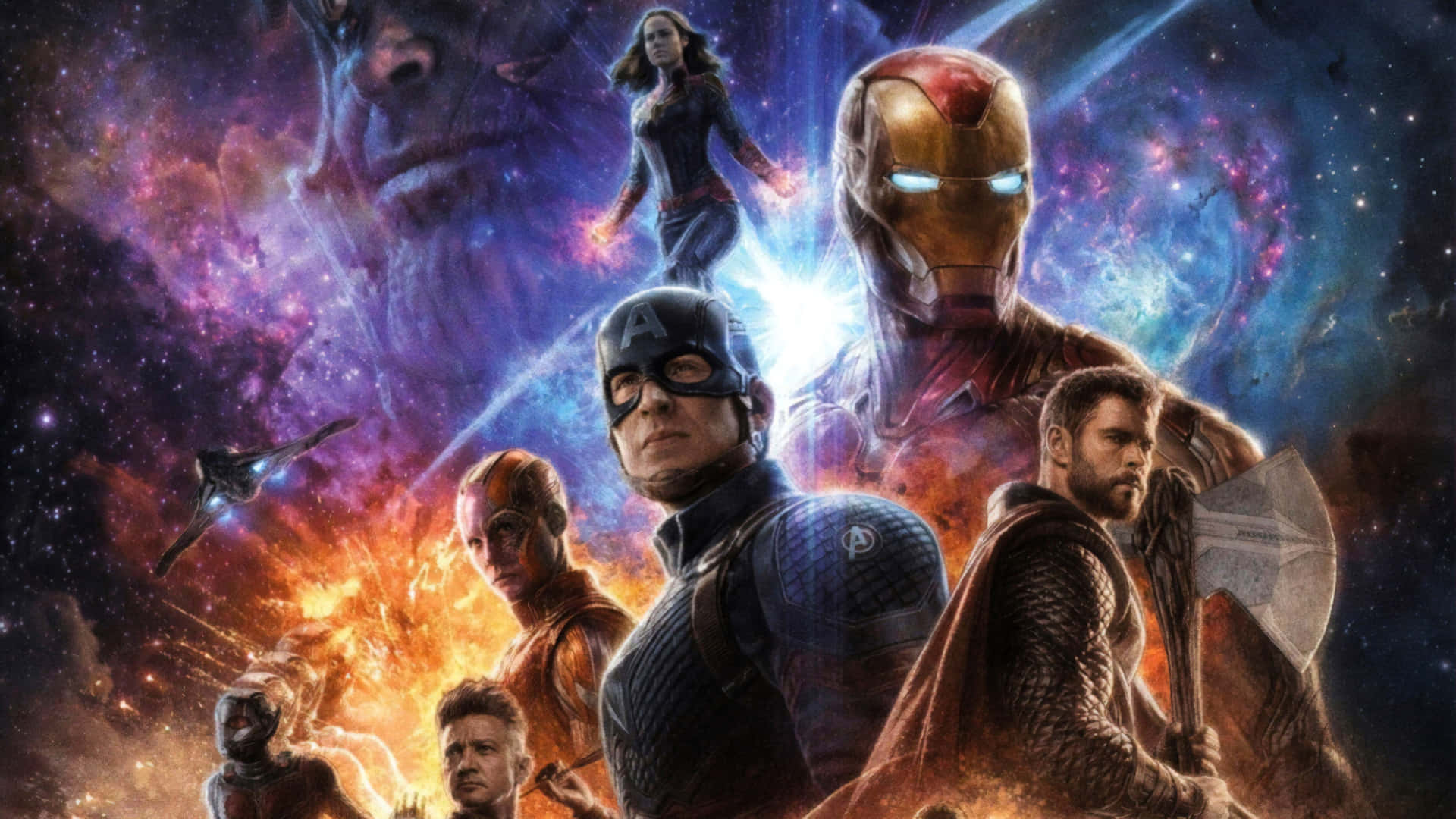 Endgame 桌布 壁紙 — 超級英雄們在充滿活力星雲和熾熱爆炸的宇宙背景下英勇地站立。