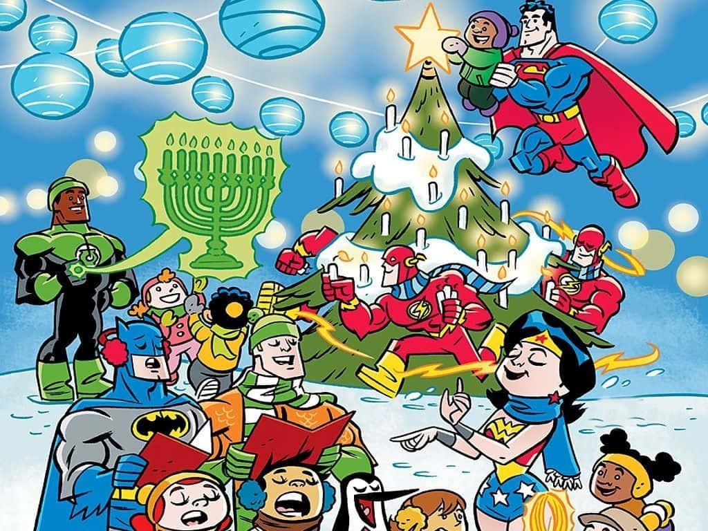 聖誕節 桌布 壁紙 — 超級英雄和孩子們在雪樹、 menorah 和發光燈籠周圍慶祝冬季假期。