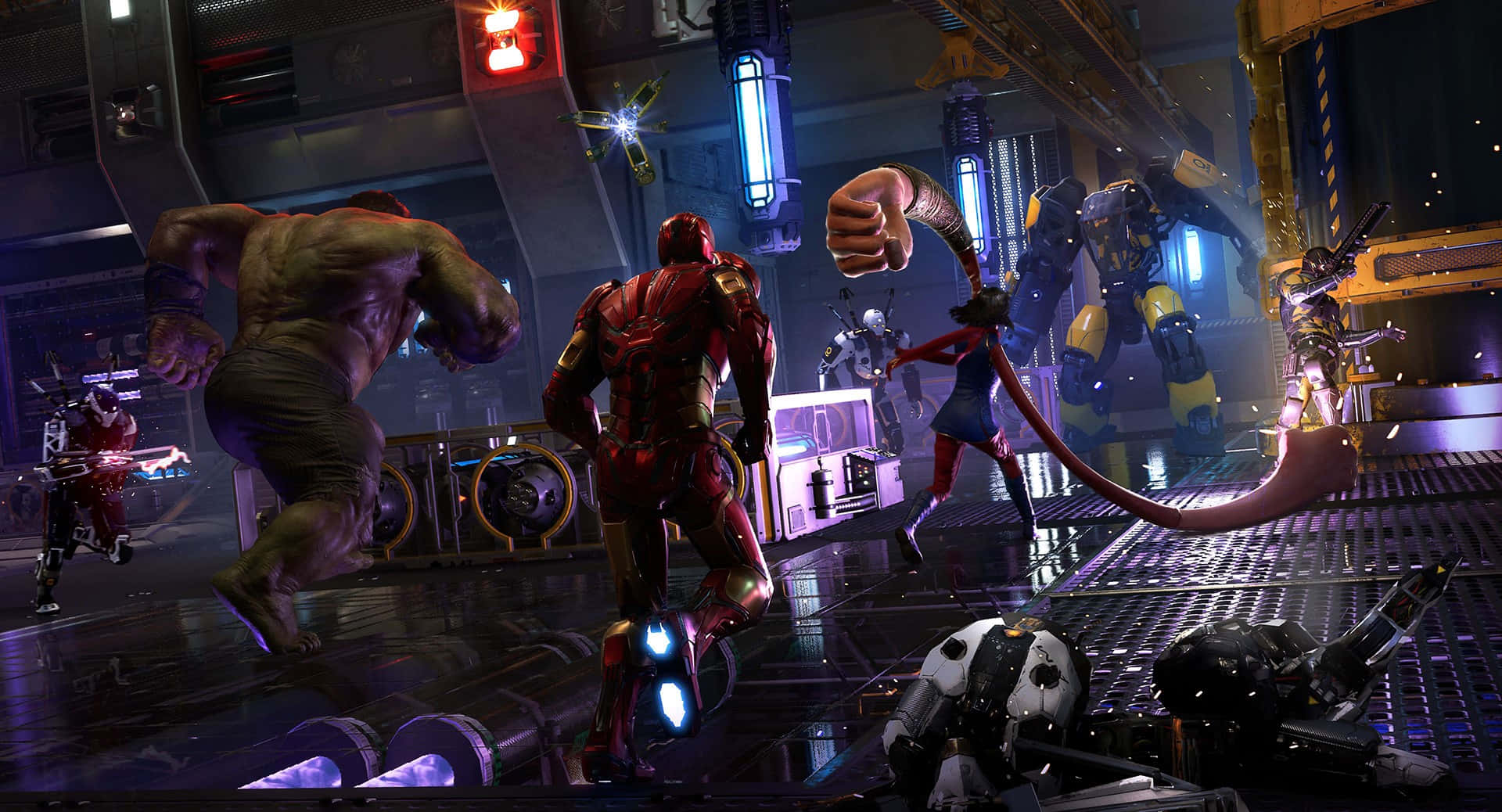 Superhero Video Games 桌布 壁紙 — 超級英雄在一個充滿霓虹燈、發光管和機械敵人的未來實驗室中戰鬥。