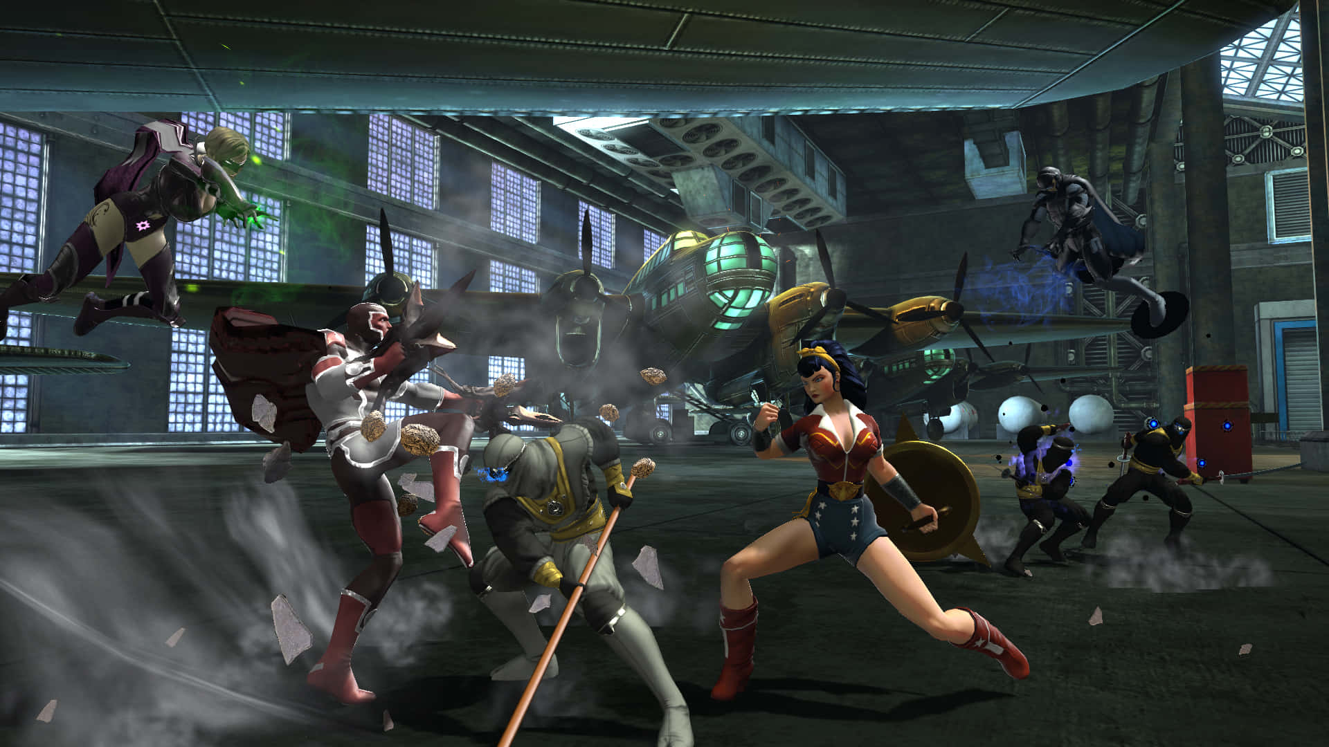 Superhero Video Games 桌布 壁紙 — 超級英雄在一個陰暗的工業機庫中戰鬥，有飛行的戰士和破碎的碎片。