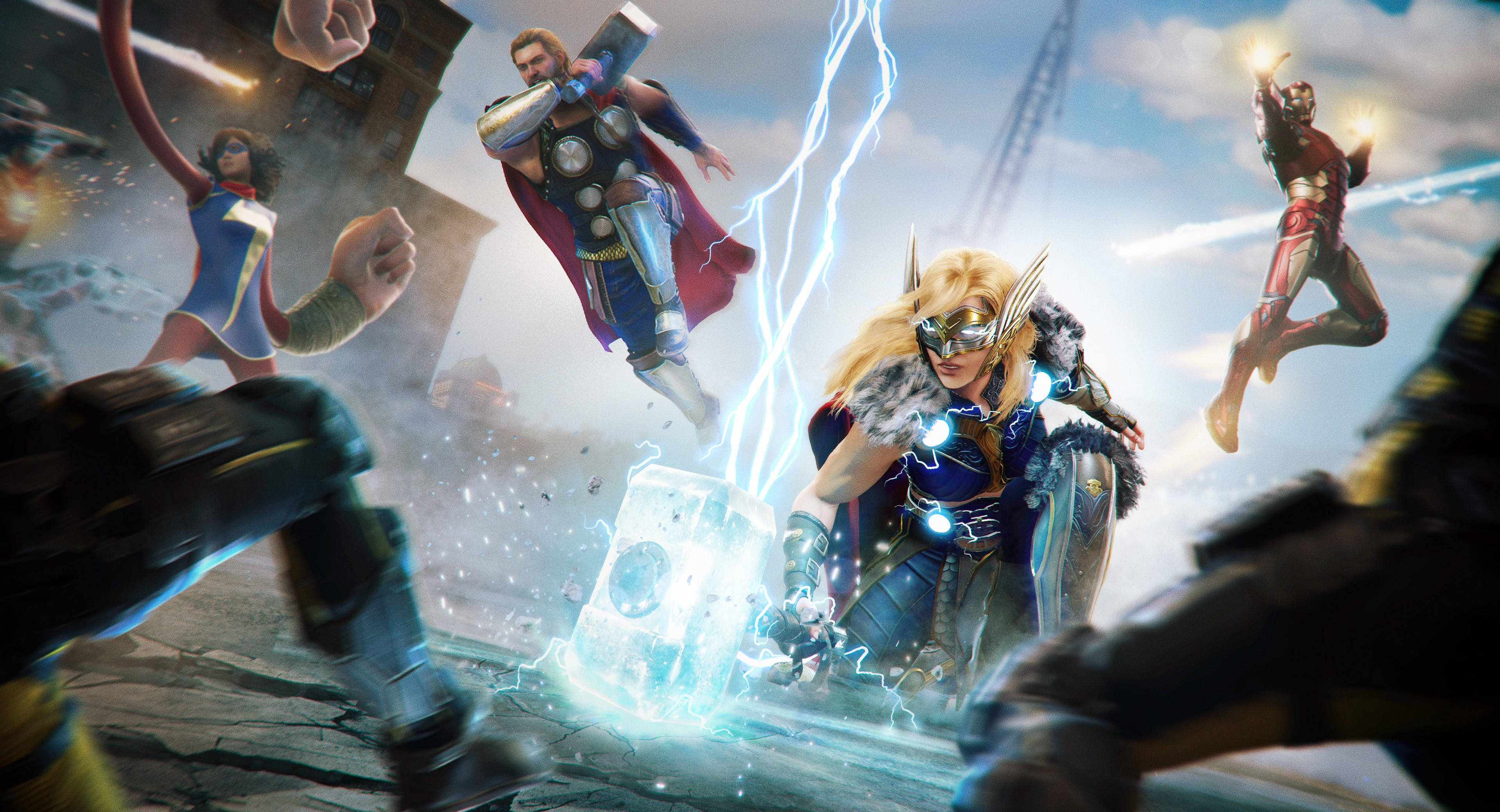 Marvel Desktop 桌布 壁紙 — 超級英雄在動態戰鬥場景中碰撞，伴隨著閃電和能量效果，背景是陰天。