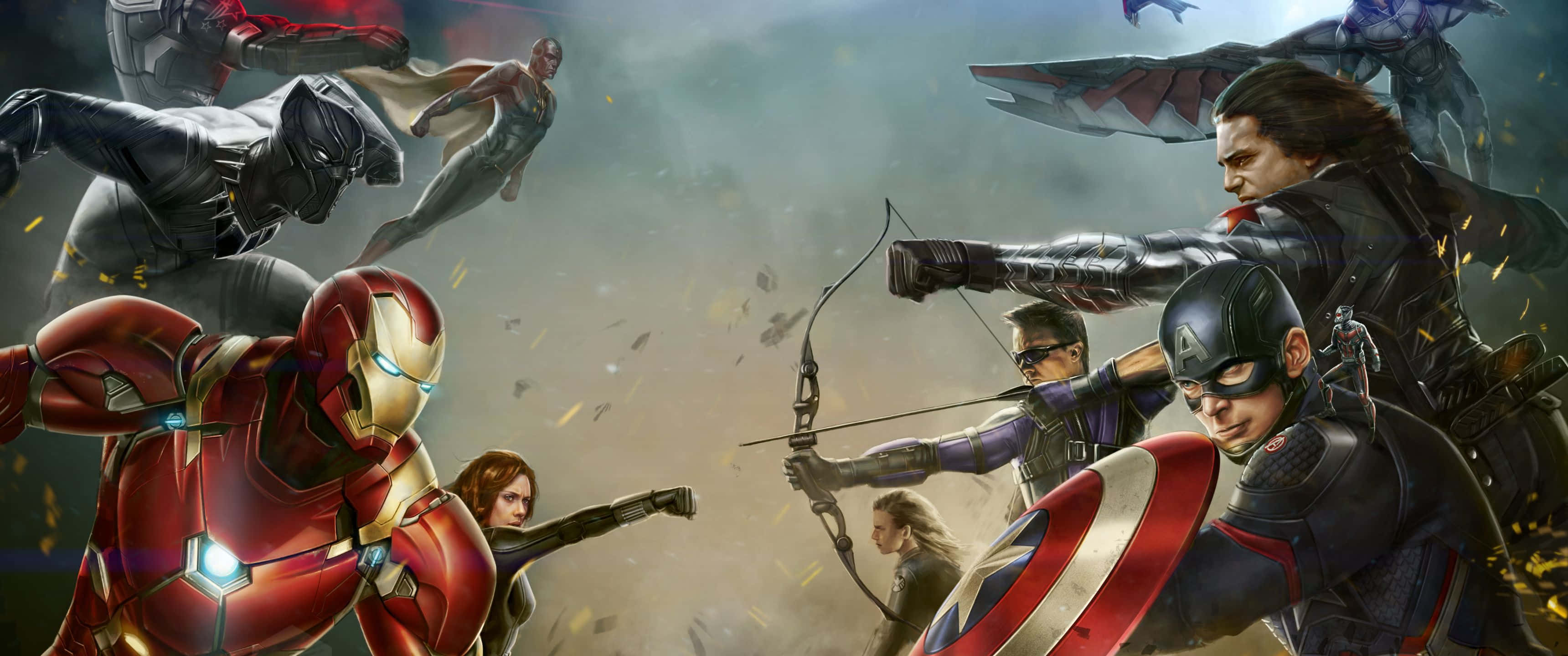 3440x1440p Captain America 桌布 壁紙 — 超級英雄在動態戰鬥場景中碰撞，鋼鐵人和美國隊長帶領他們的團隊在飛揚的碎片和激烈的動作中。