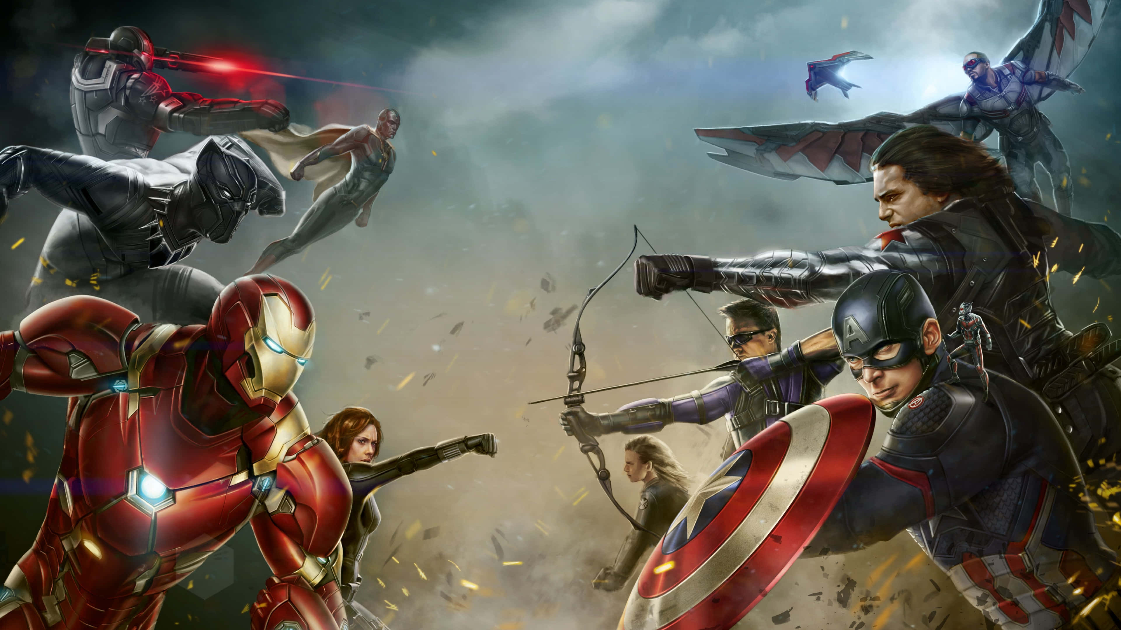 4K Marvel 壁紙 桌布 壁紙 — 超級英雄在動態戰鬥場景中碰撞，鋼鐵人和美國隊長帶領他們的團隊，在飛揚的碎片和發光的能量爆炸中。