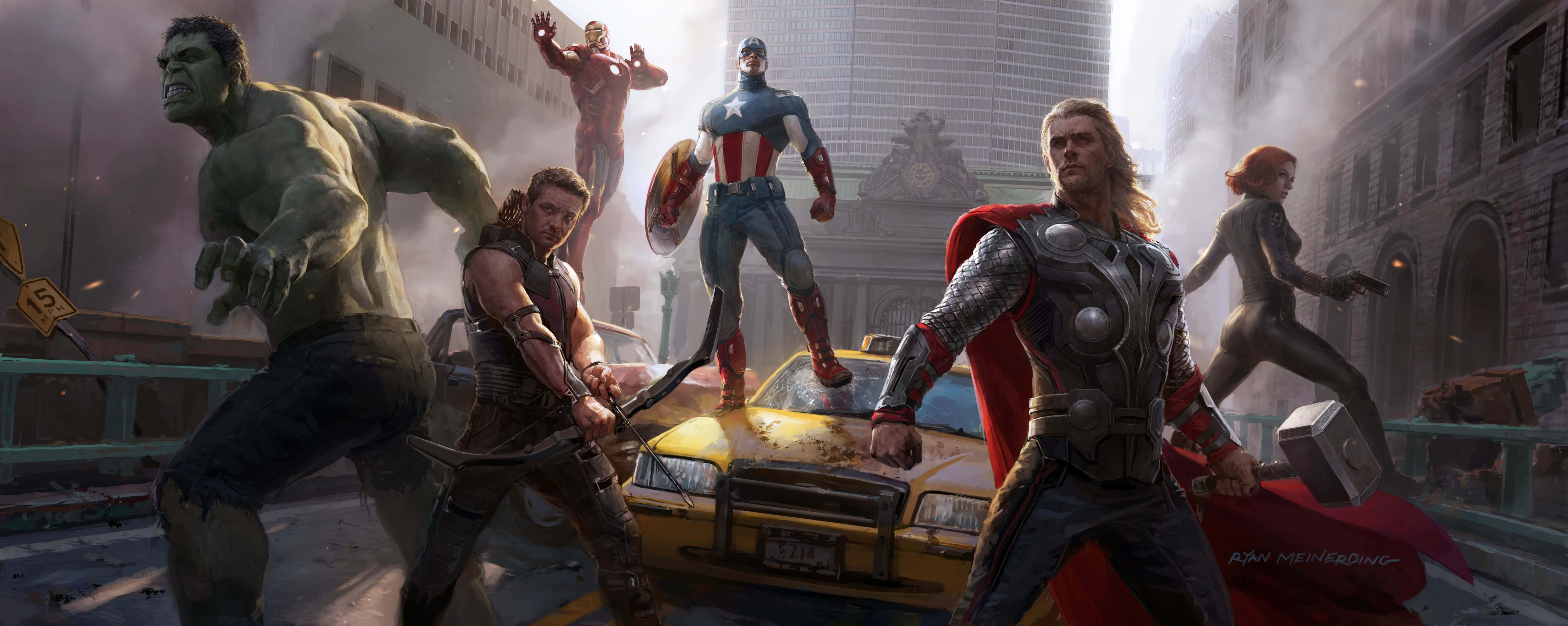 Avengers Dual Screen 桌布 壁紙 — 超級英雄在城市廢墟中戰鬥，一輛黃色的士在他們腳下被壓碎。