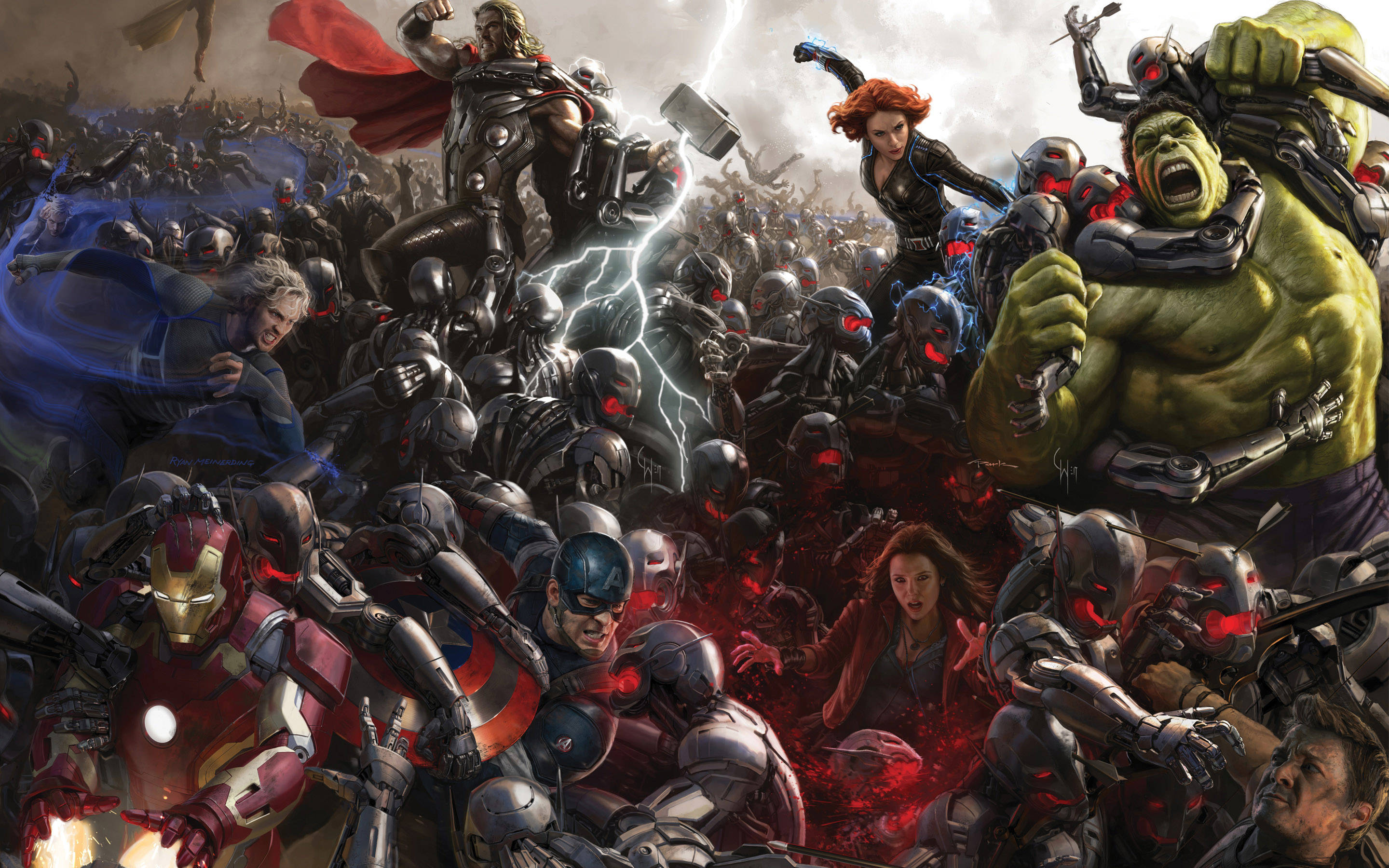 Ultron 桌布 壁紙 — 超級英雄在混亂、充滿動作的漫畫風格場景中與機械敵人戰鬥。