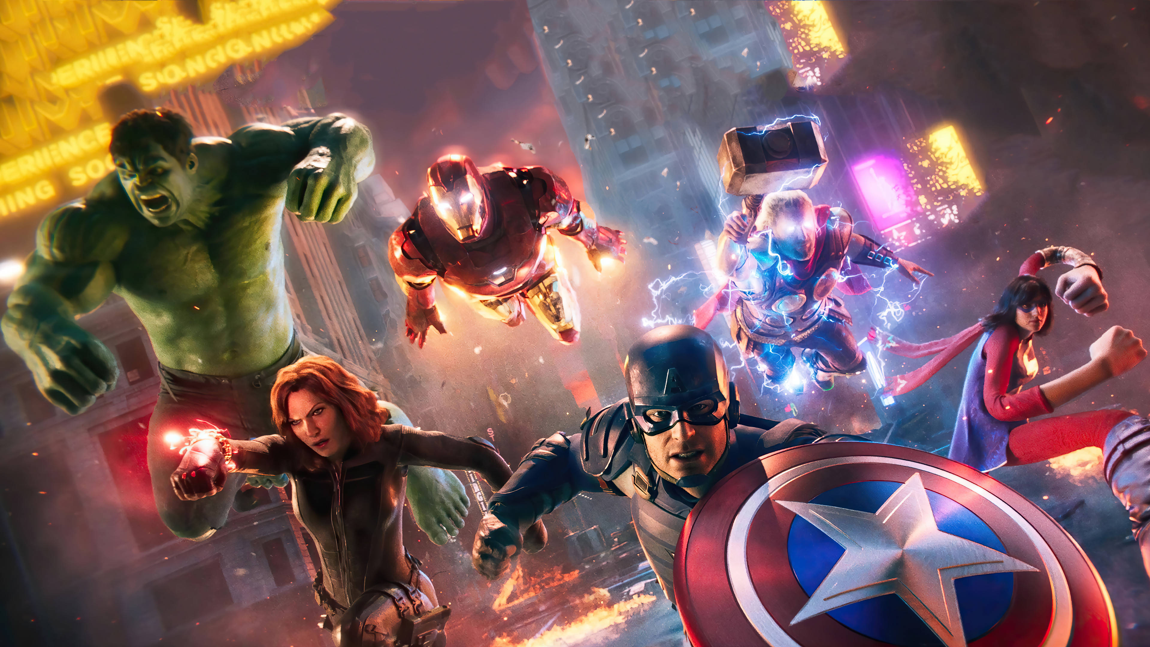 4K Marvel 壁紙 桌布 壁紙 — 超級英雄在火光沖天的城市景觀中戰鬥，帶有發光效果和動態姿勢。