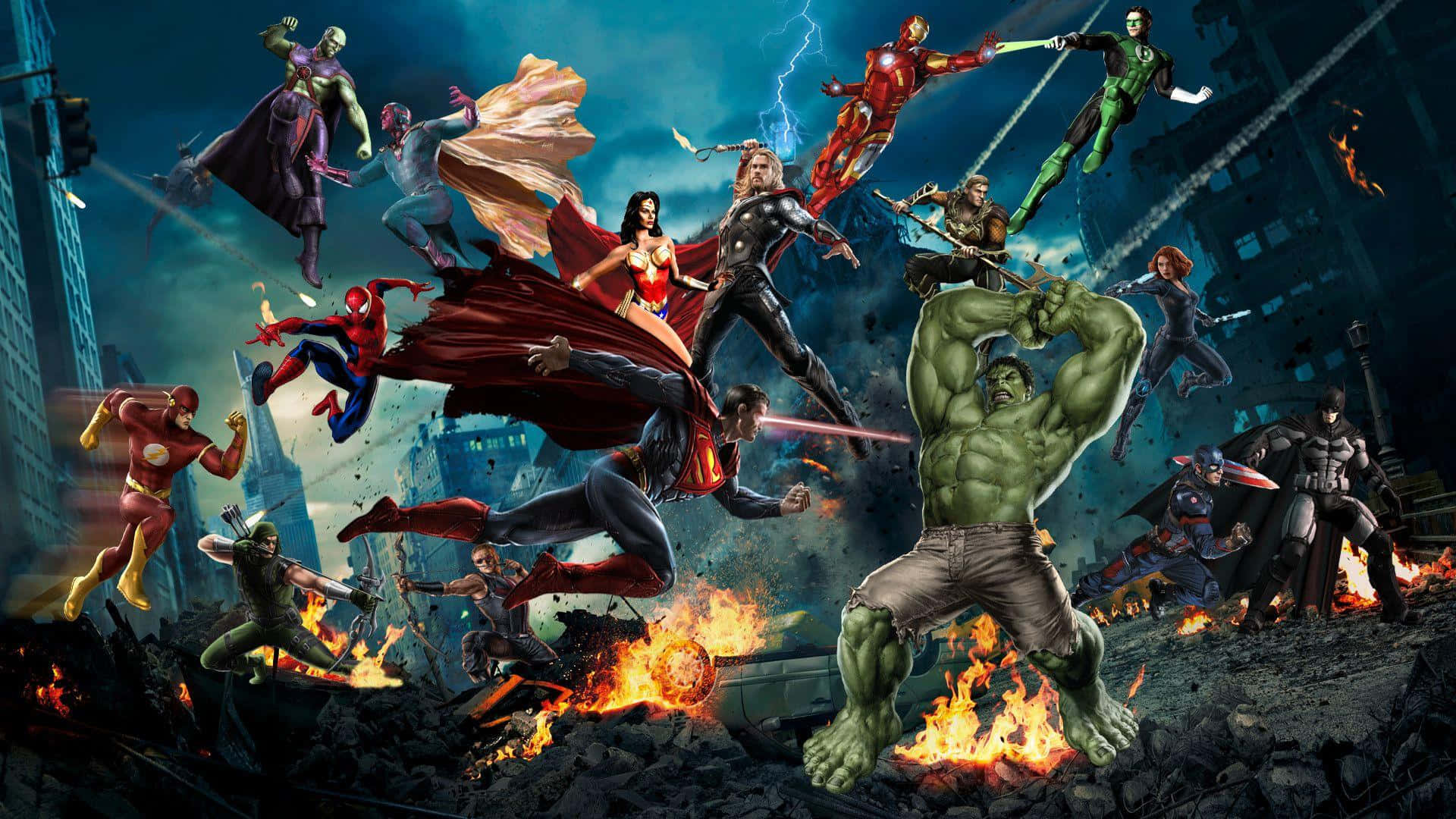 Marvel Universe 桌布 壁紙 — 超級英雄在烈火、閃電和爆炸中的城市廢墟戰鬥。
