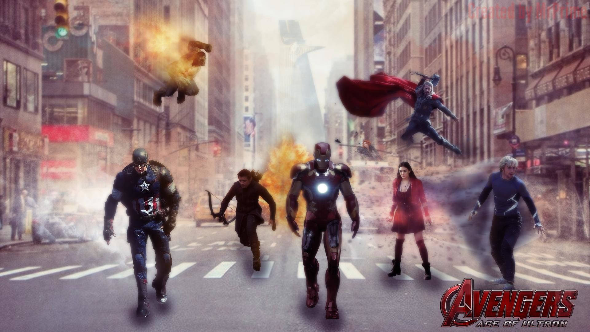 Ultron 桌布 壁紙 — 超級英雄在煙霧瀰漫的城市街道上戰鬥，伴隨著爆炸和飛翔的人物，呈現電影般的動作場景。
