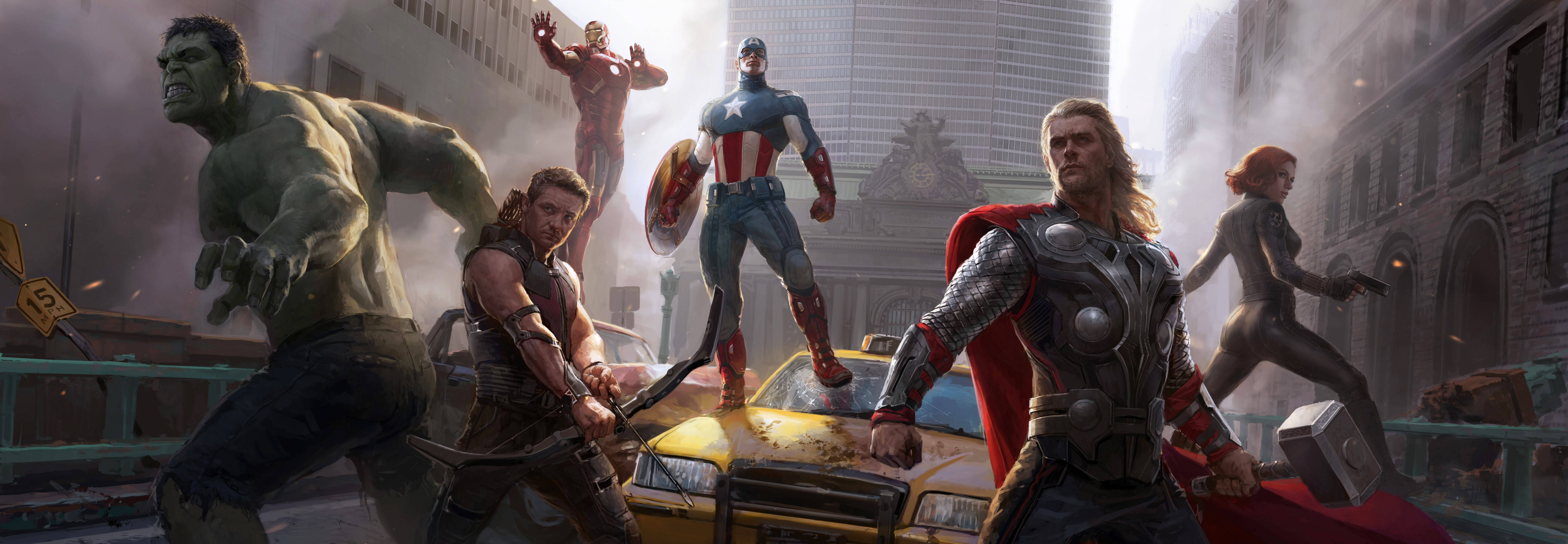 Avengers Desktop 桌布 壁紙 — 超級英雄在煙霧瀰漫的城市街道上戰鬥，一輛黃色的士在他們腳下被壓碎。