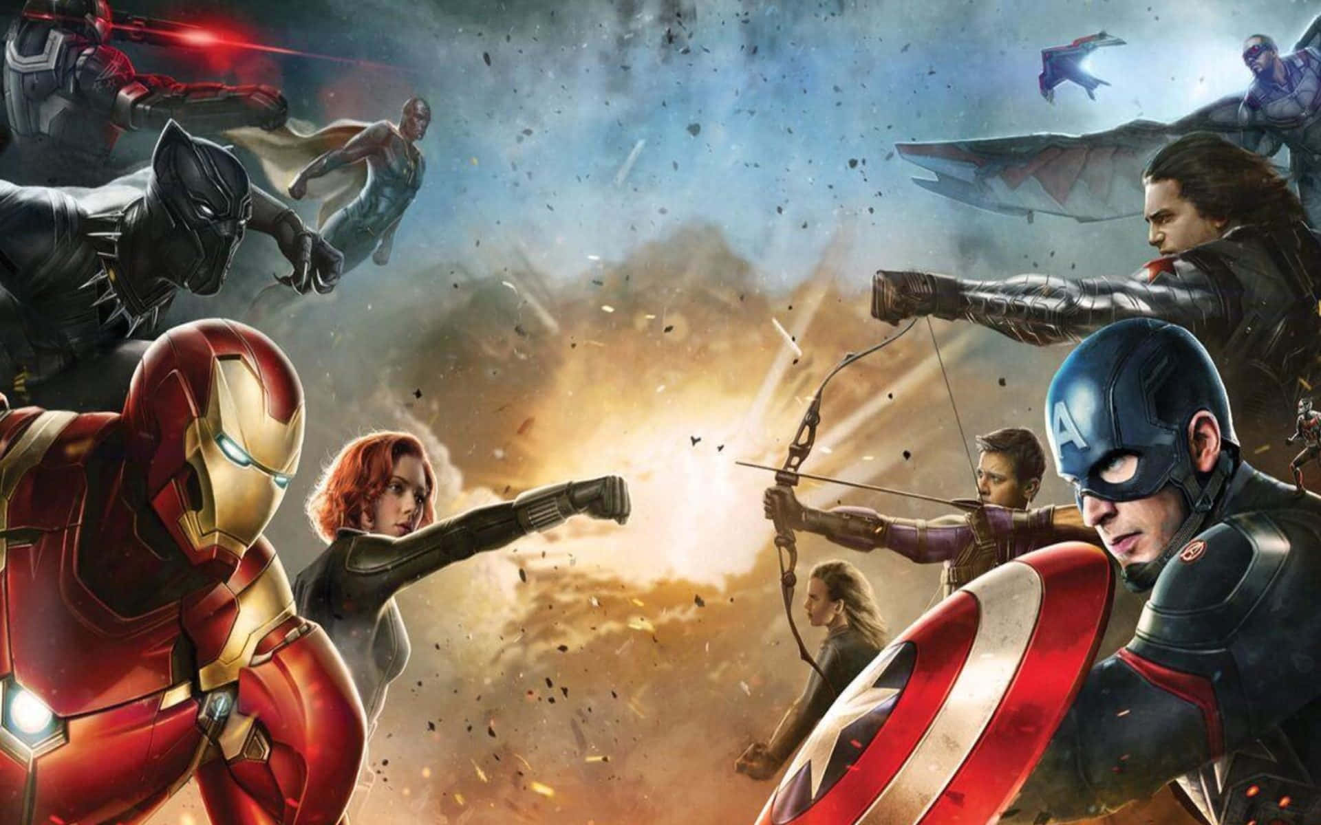 4K Captain America 桌布 壁紙 — 超級英雄在煙霧瀰漫的天空下，以爆炸和飛行角色展開激烈戰鬥。