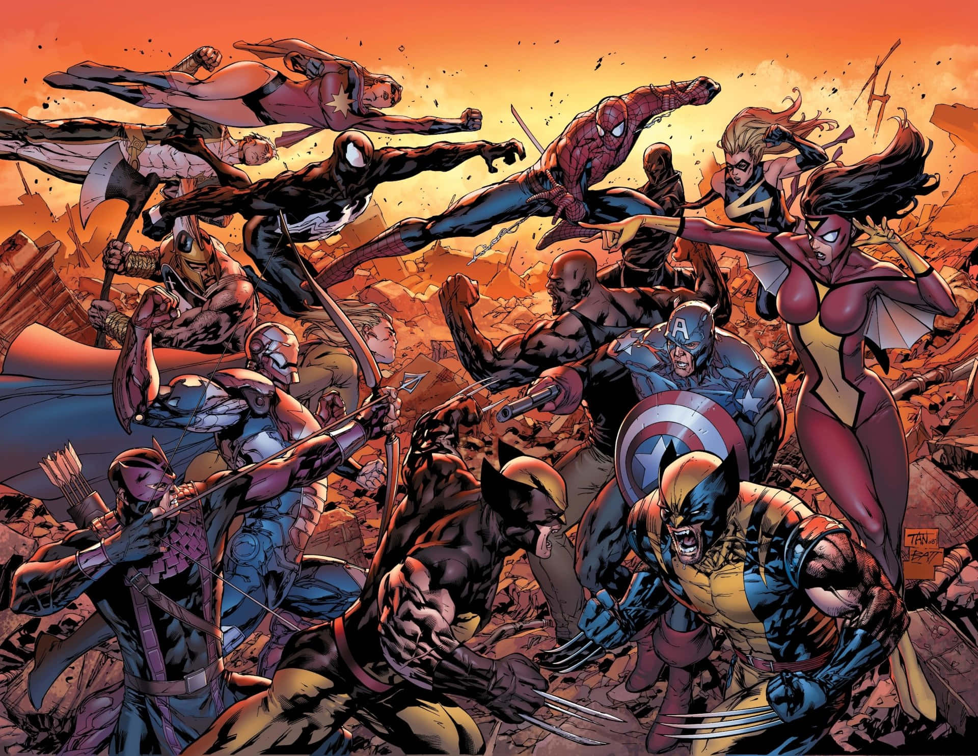 New Avengers 桌布 壁紙 — 超級英雄在熾熱的橙色天空下，在破碎的城市景觀上以動感姿勢和強烈表情戰鬥。