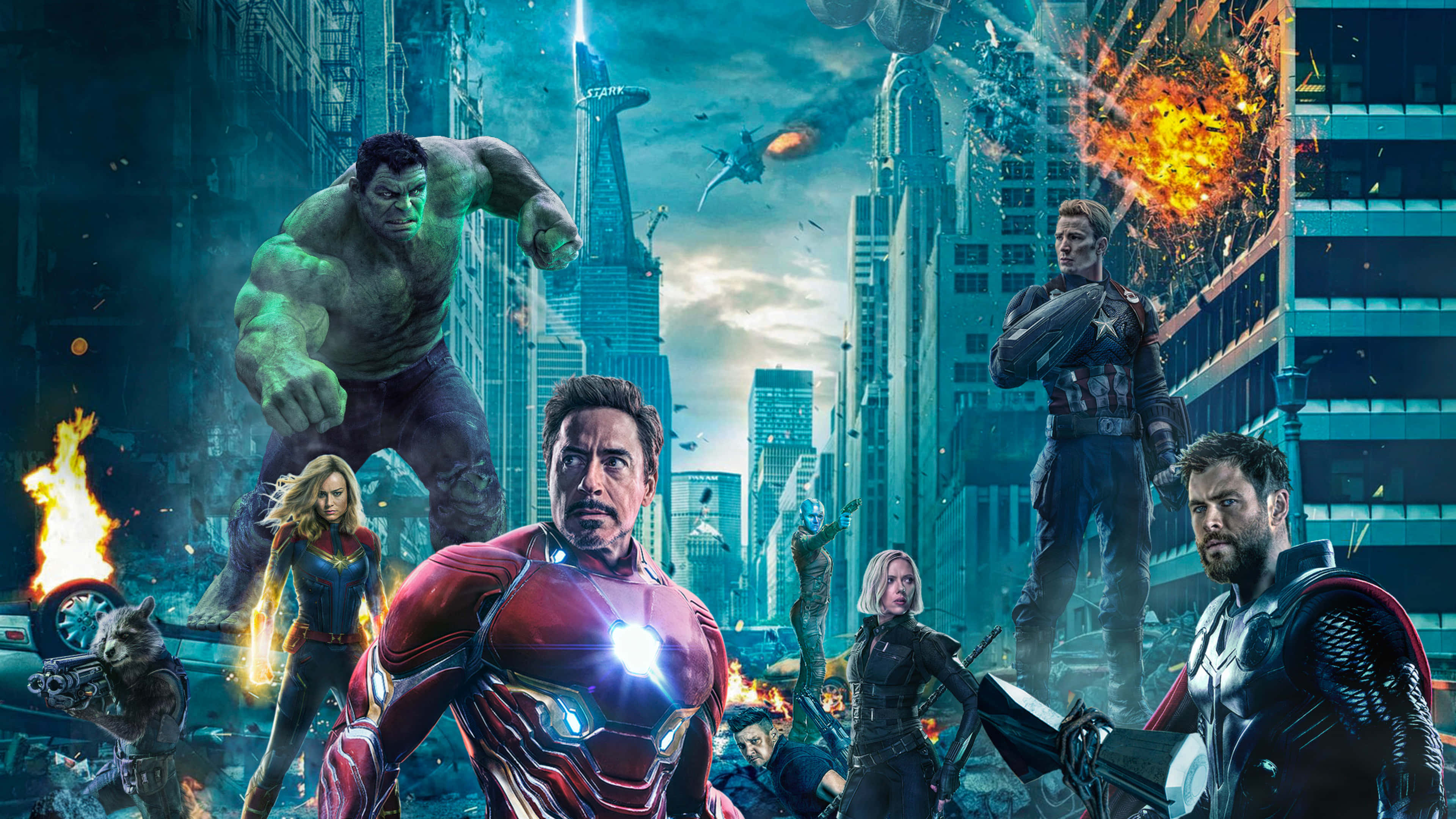Avengers Movie 桌布 壁紙 — 超級英雄在爆炸和飛舞的碎片中，穿越火熱的城市天際線戰鬥。