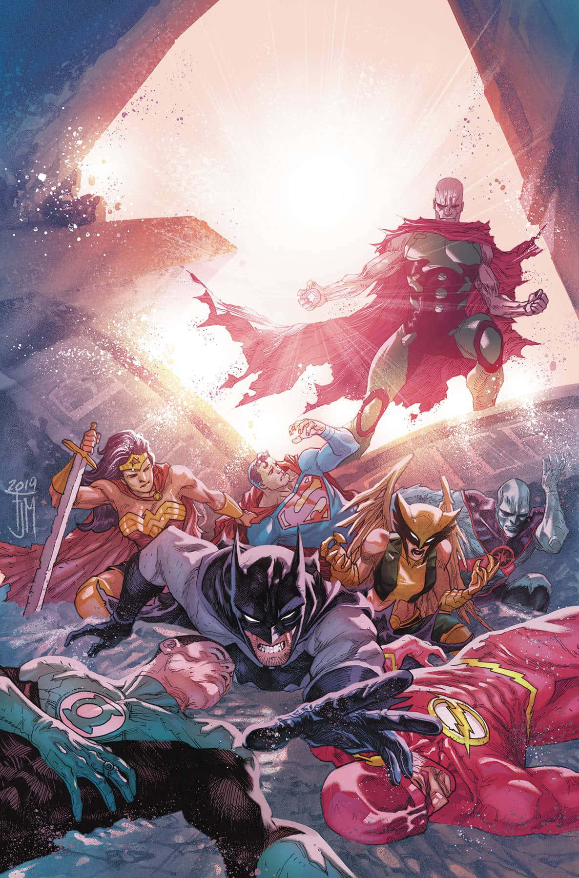 Justice League War 桌布 壁紙 — 超級英雄在穿過岩石拱門的耀眼光束下展開激烈戰鬥。