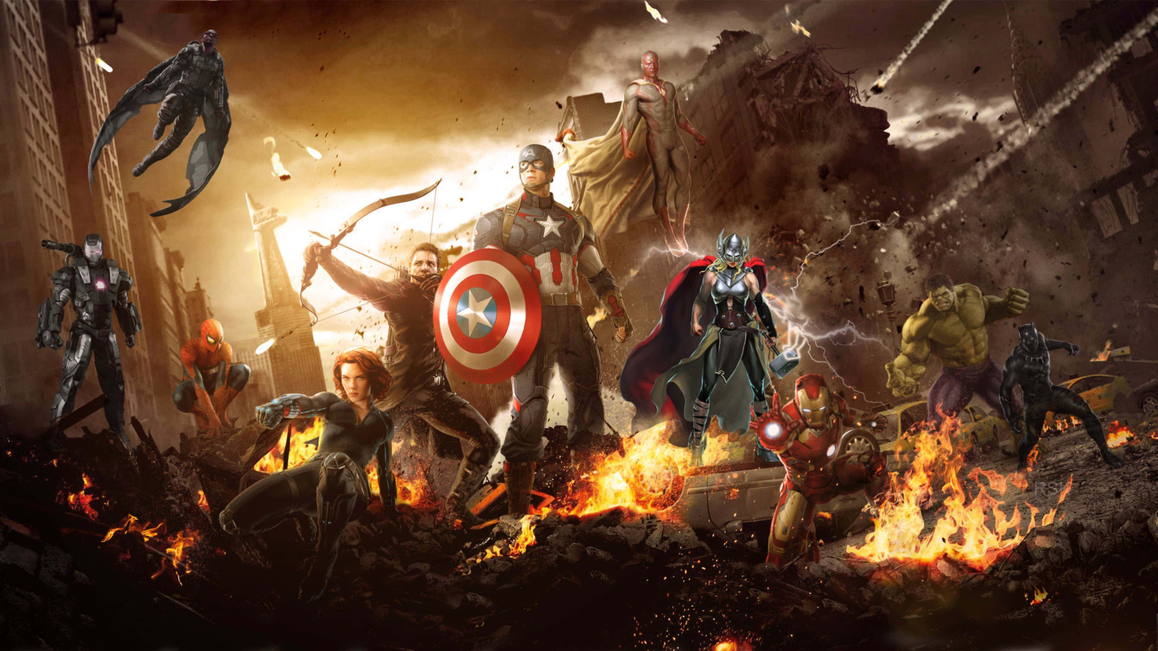 Mcu 桌布 壁紙 — 超級英雄在風暴天空下，於一座正在崩塌的城市的燃燒廢墟中戰鬥。