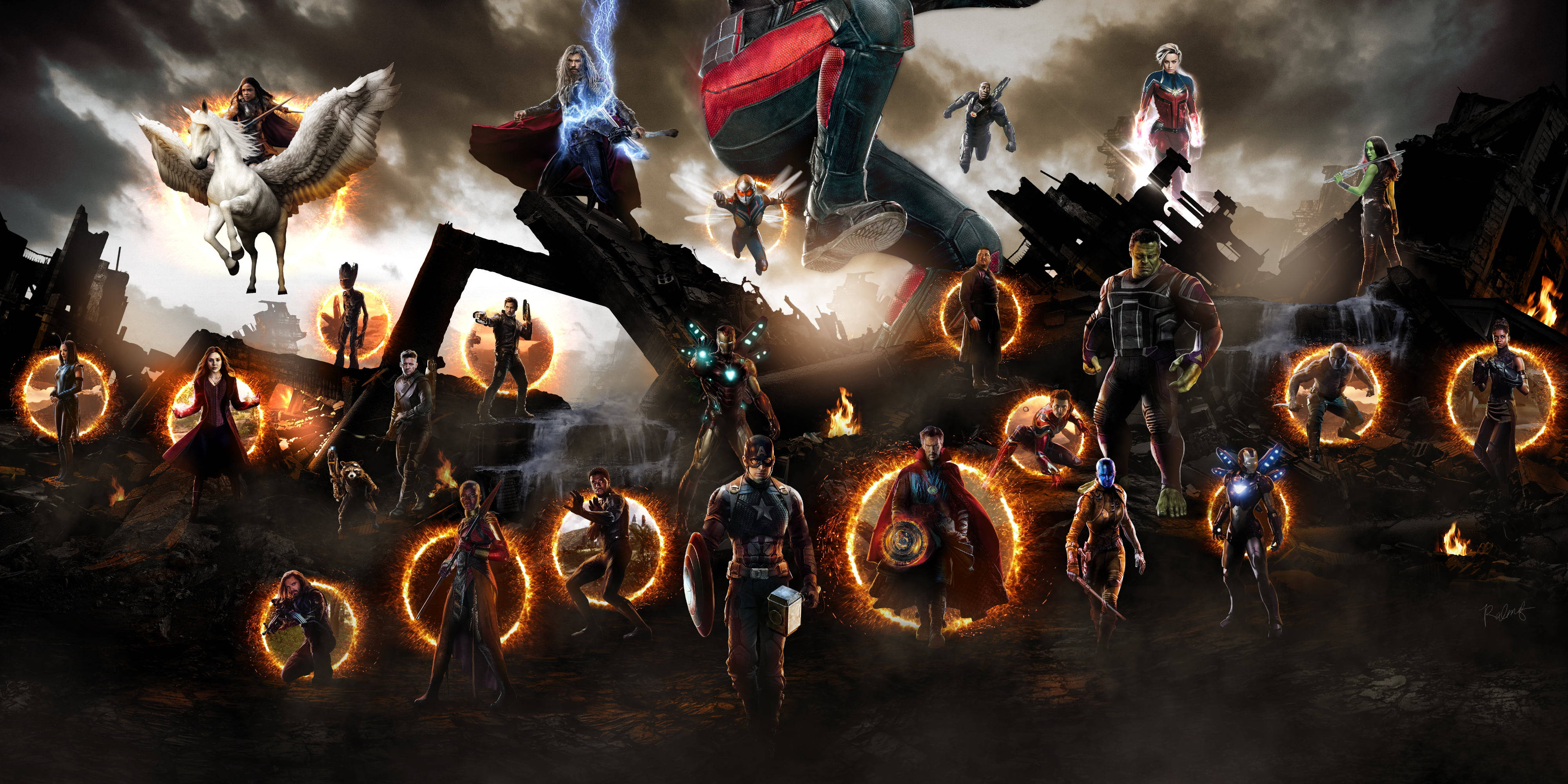 Marvel Avengers 桌布 壁紙 — 超級英雄在風暴天空下的烈火廢墟中戰鬥，關鍵人物周圍環繞著發光的能量環。