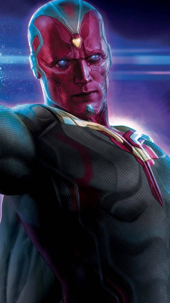 Avengers Phone 桌布 壁紙 — 超級英雄幻視的特寫，擁有發光的藍色眼睛和紅色臉龐，背景是宇宙紫色和藍色。