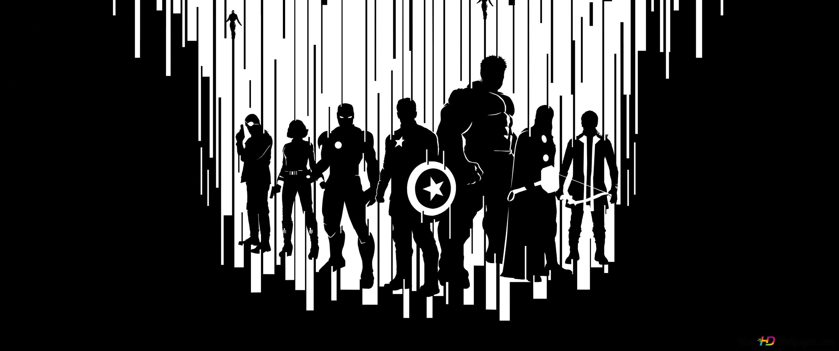 Marvel Black And White 桌布 壁紙 — 超級英雄的剪影站在黑色背景前，背景上有白色垂直條紋，類似數位雨。