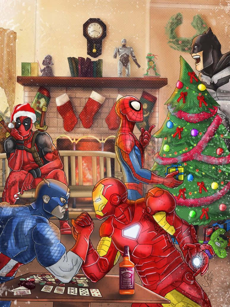 Marvel Christmas 桌布 壁紙 — 超級英雄聚集在舒適客廳的聖誕樹旁，玩牌並慶祝節日。